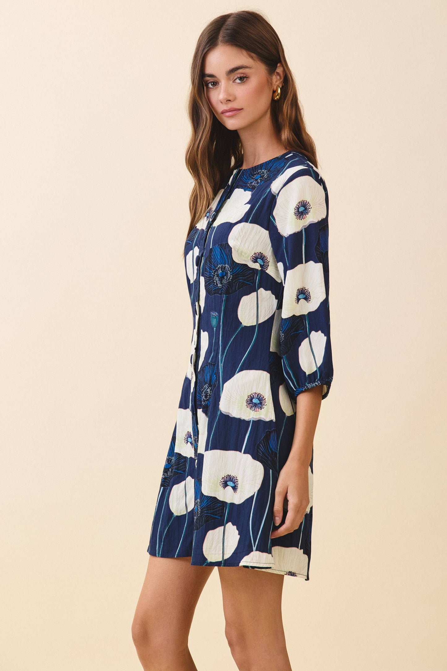 CD06339-Bold Floral Print Button Down Button Front Dress
