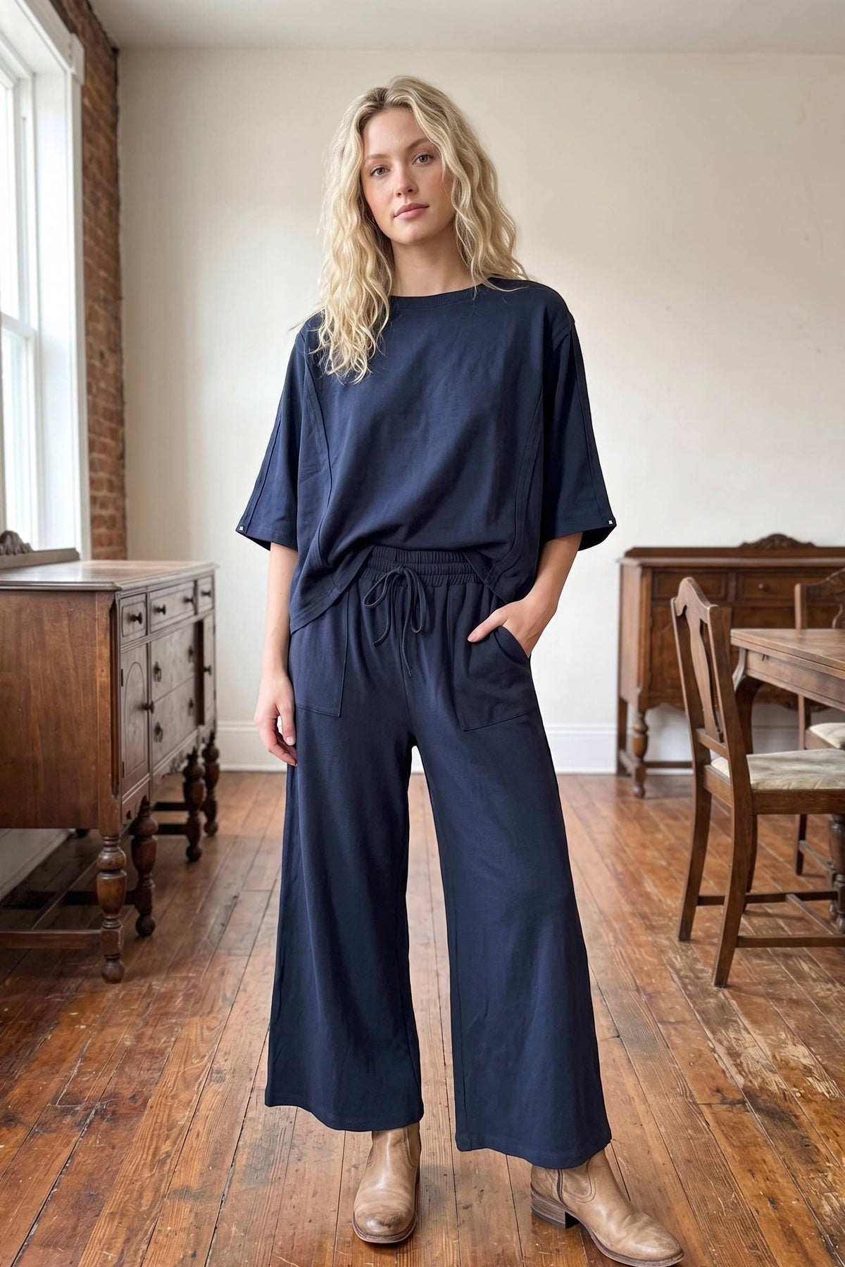 Brushed Stretch Boxy Top & Wide Leg Pant Set