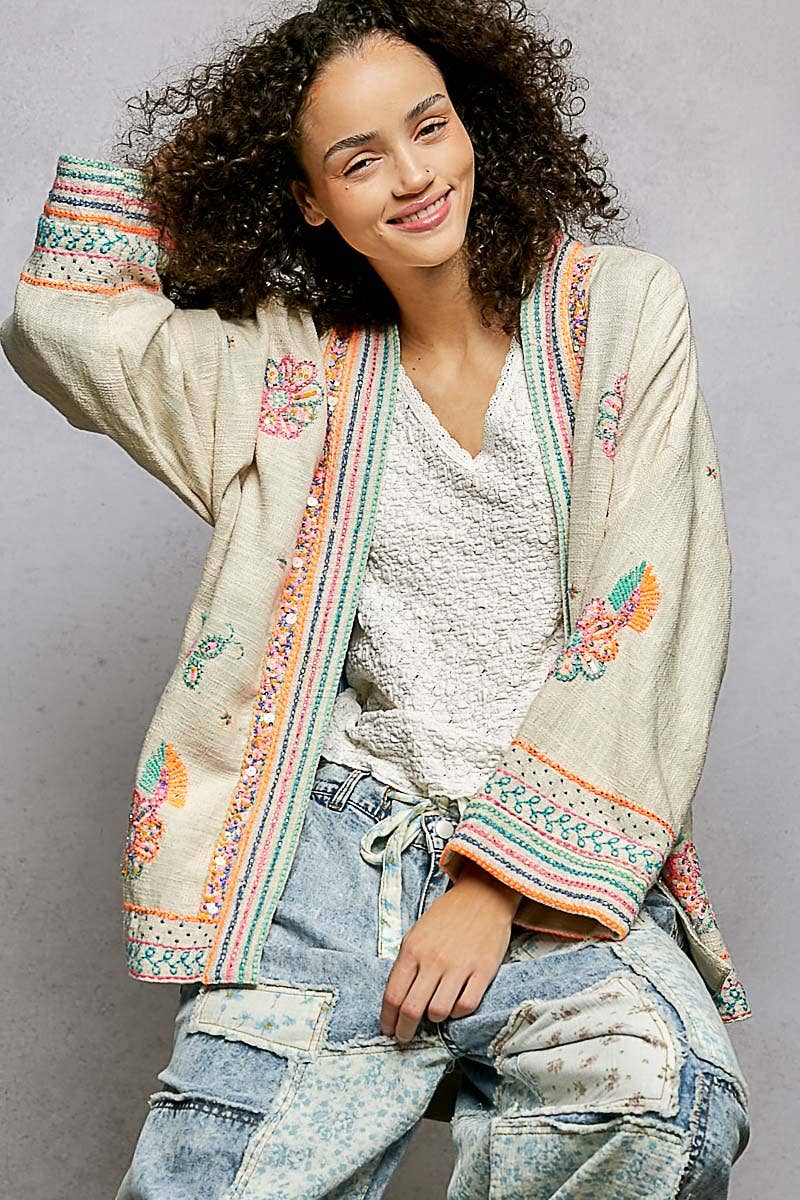 Long Sleeve Kimono Spangle Embroidered Open Cardigan