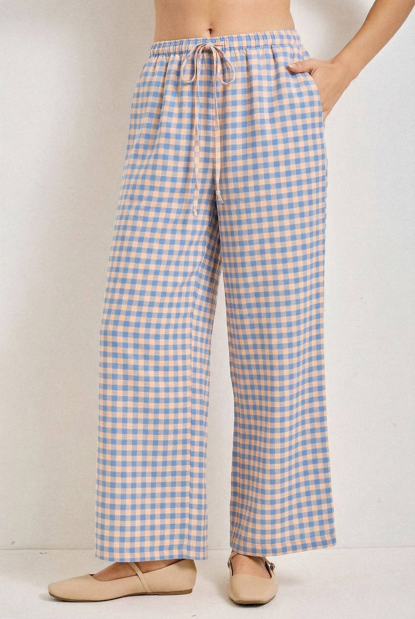 GINGHAM PRINT DRAWSTRING PANTS