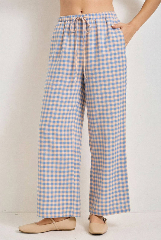 GINGHAM PRINT DRAWSTRING PANTS