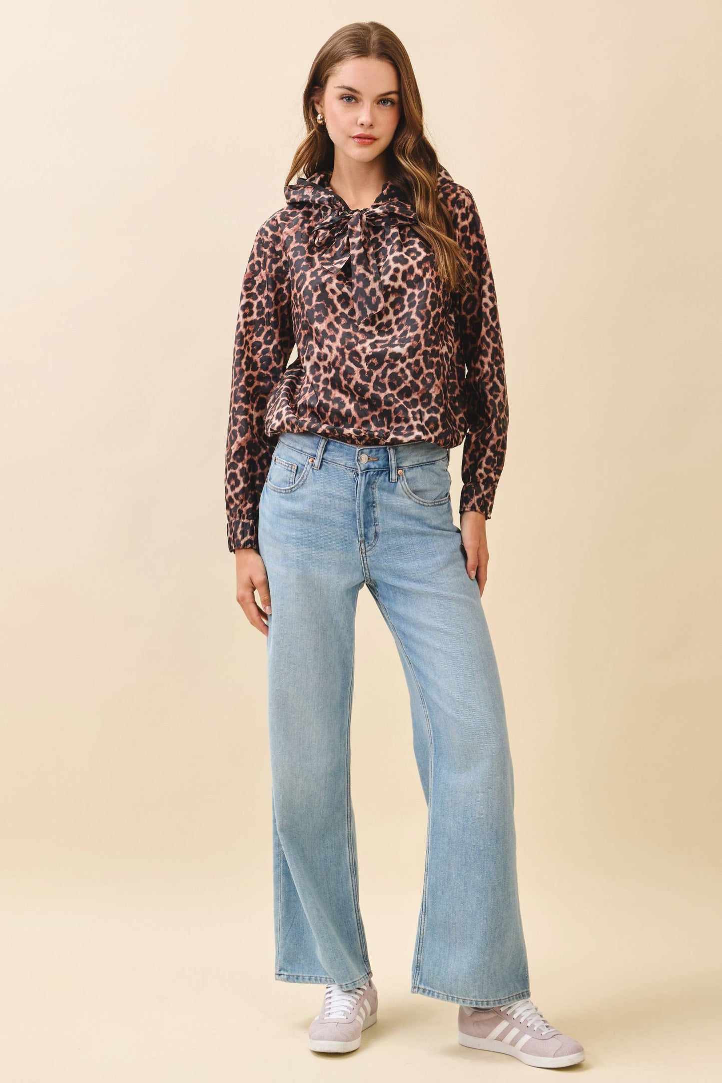 CT9509-Leopard Print Adjustable Ribbon Tie Hoodie Top