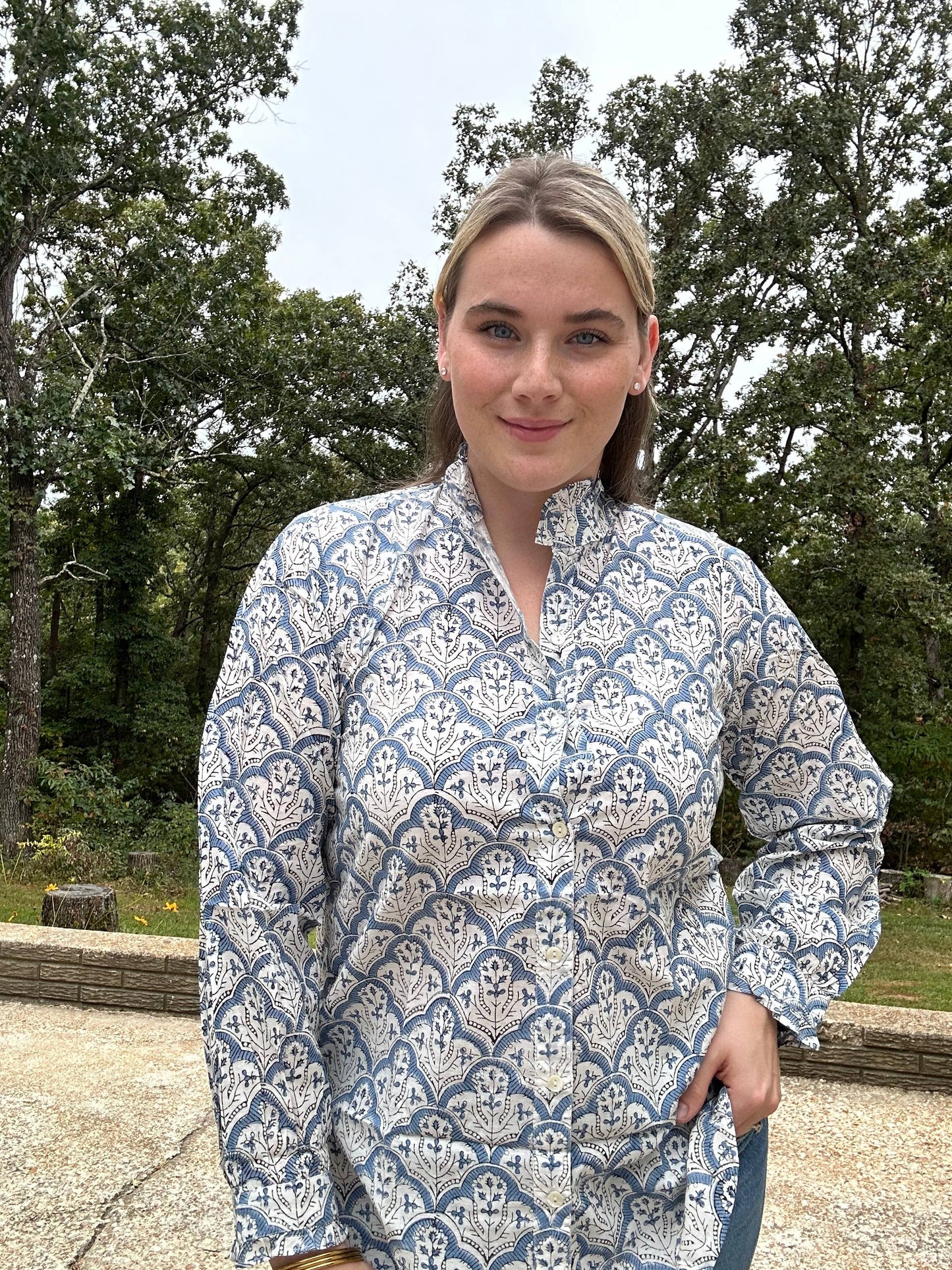 Women's Floral Block Print Ruffle Collar Button Down Blouse