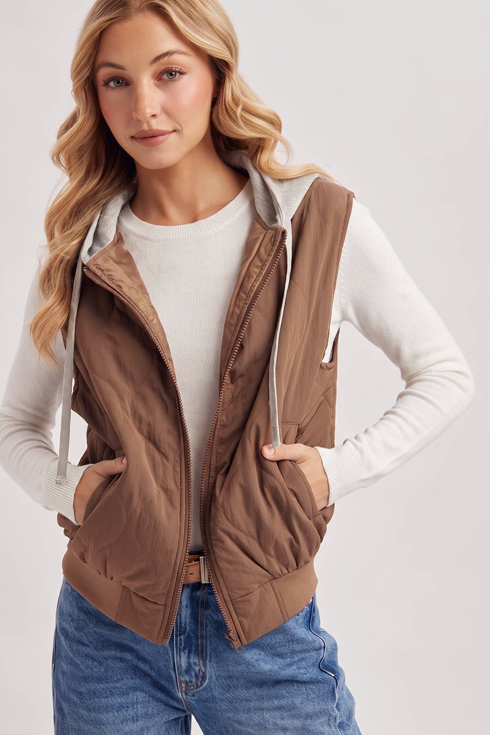 ZIPPER FRONT QUILTED PUFFER VEST CONTRAST HOODIE VEST