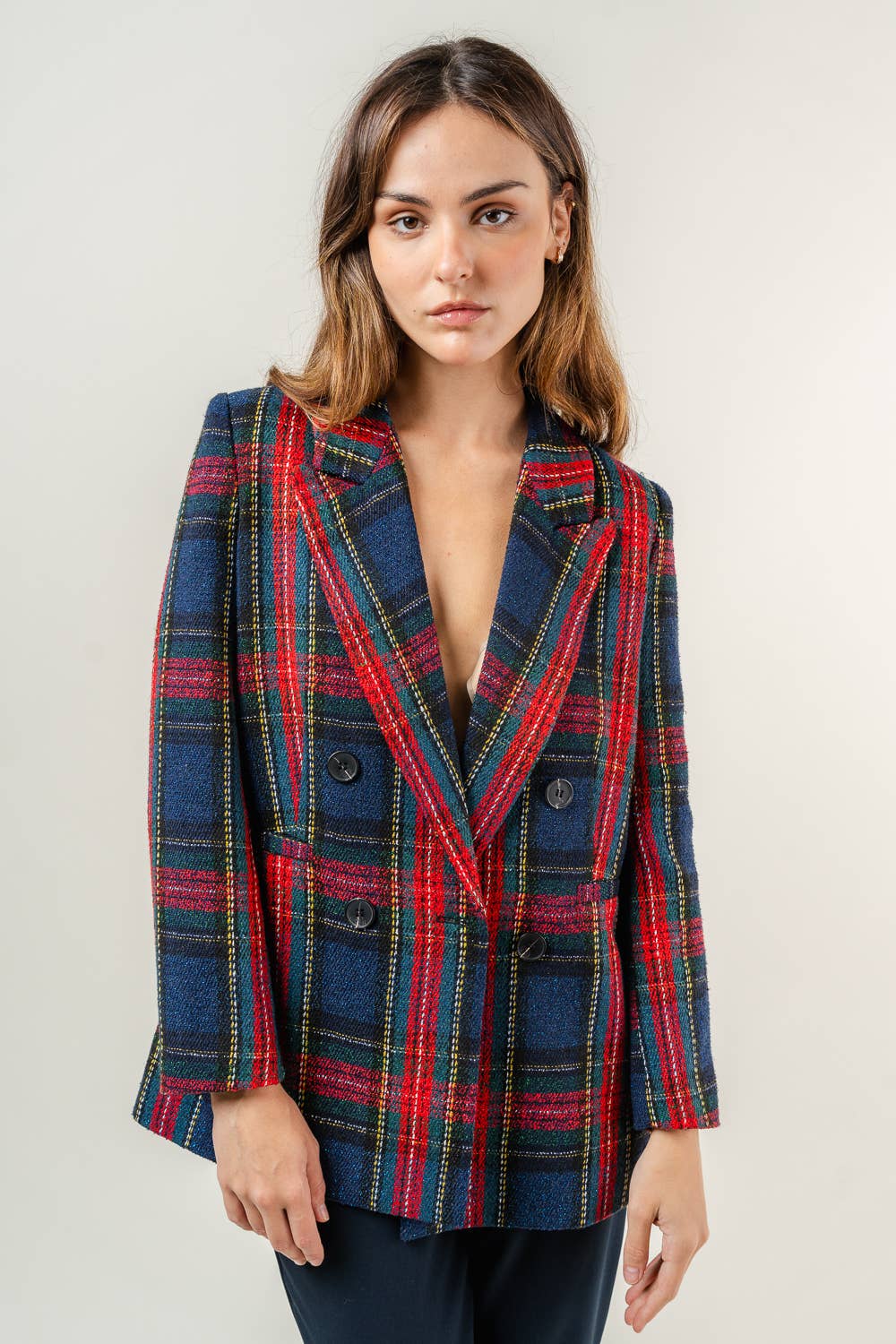 PREPPY HOLIDAY TWEED PADDED SHOULDER PLAID BLAZER-OI5782FO
