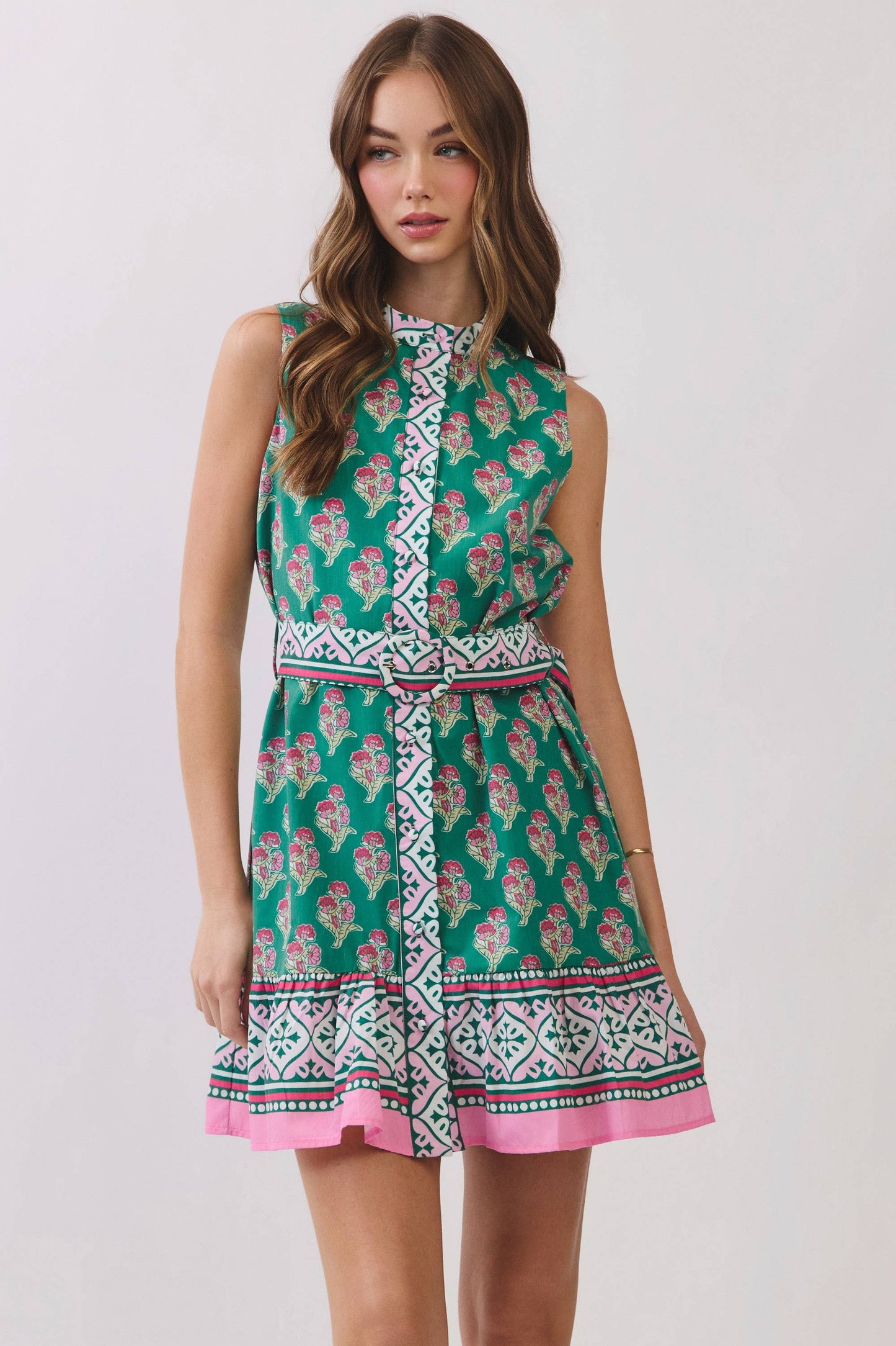 CD07193-Floral Border Print Belted Mini Dress