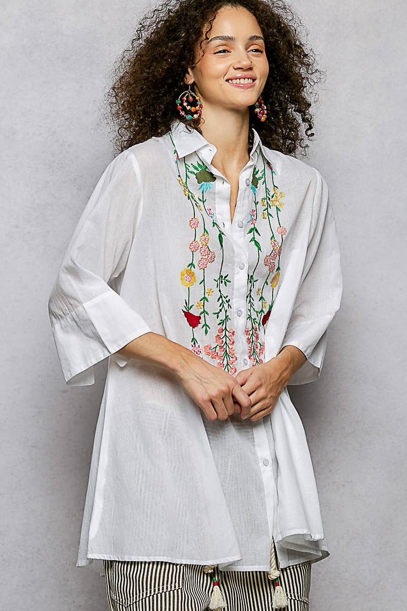 1/2 Sleeve Collared Embroidered Cotton Shirt Woven Top