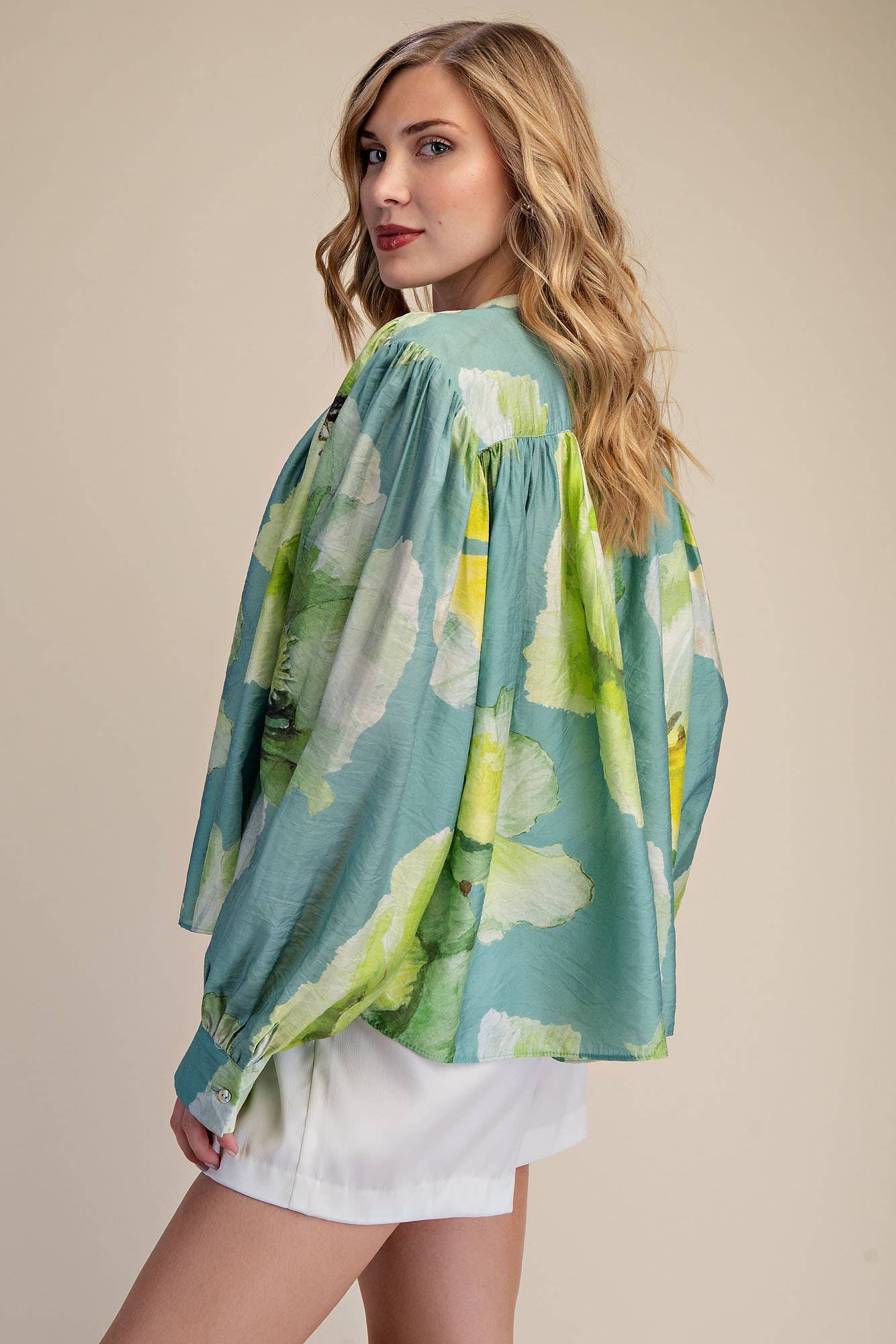 Neck Band Long Sleeve Voluminous Blouse