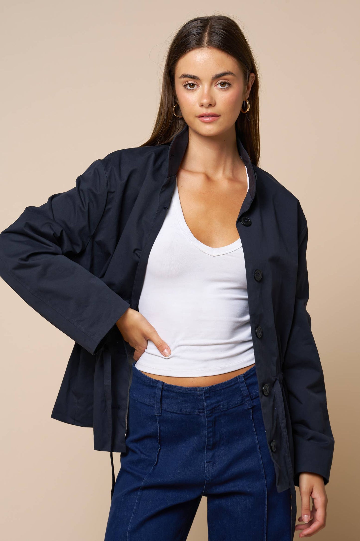 Drawstring Waist Button Down Jacket