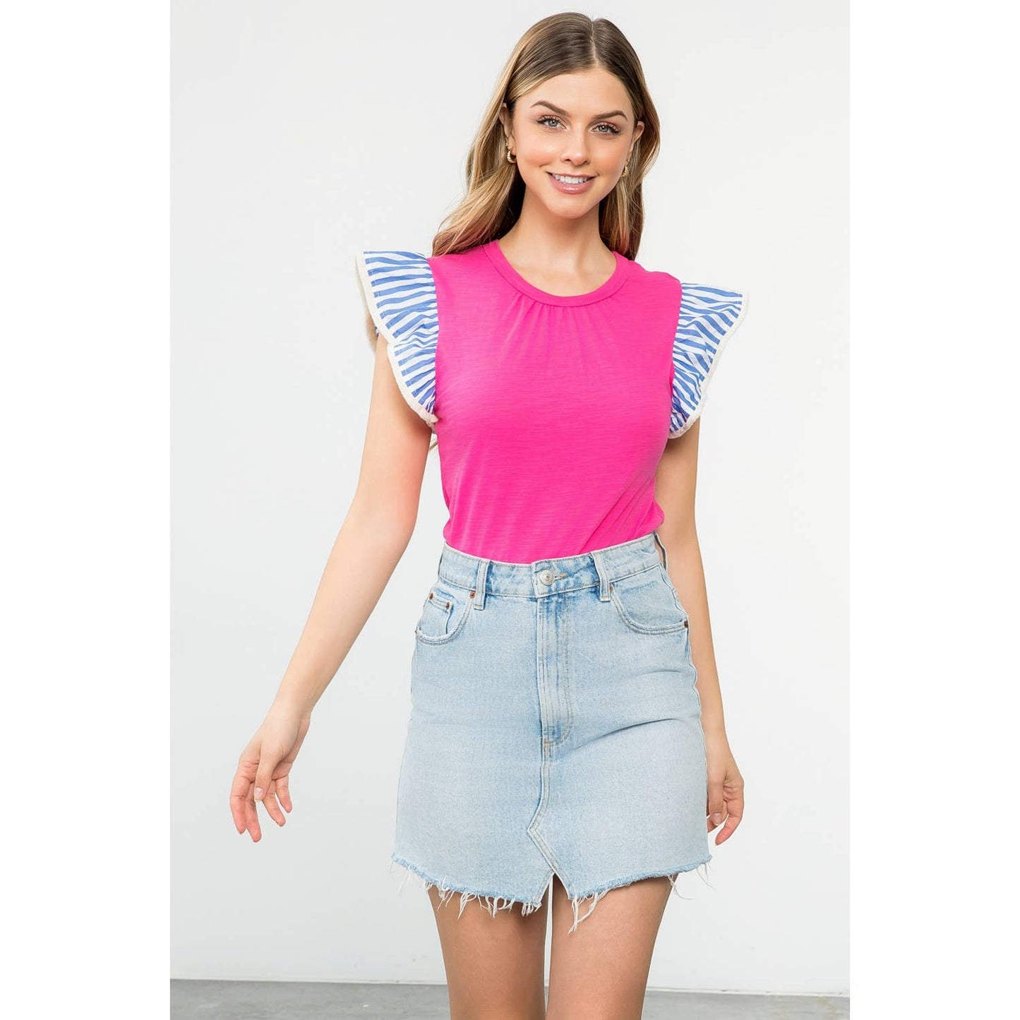 Colorblock Sleeve Knit Top with Ruffle Shoulder Trim