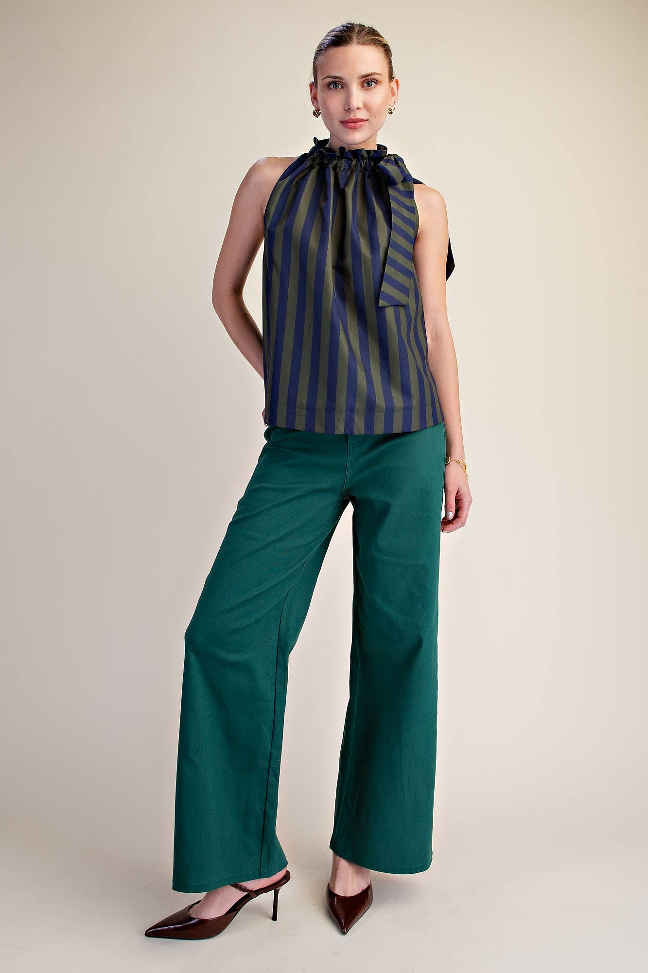 Ruffle Neck Tie Sleeveless Stripe Top