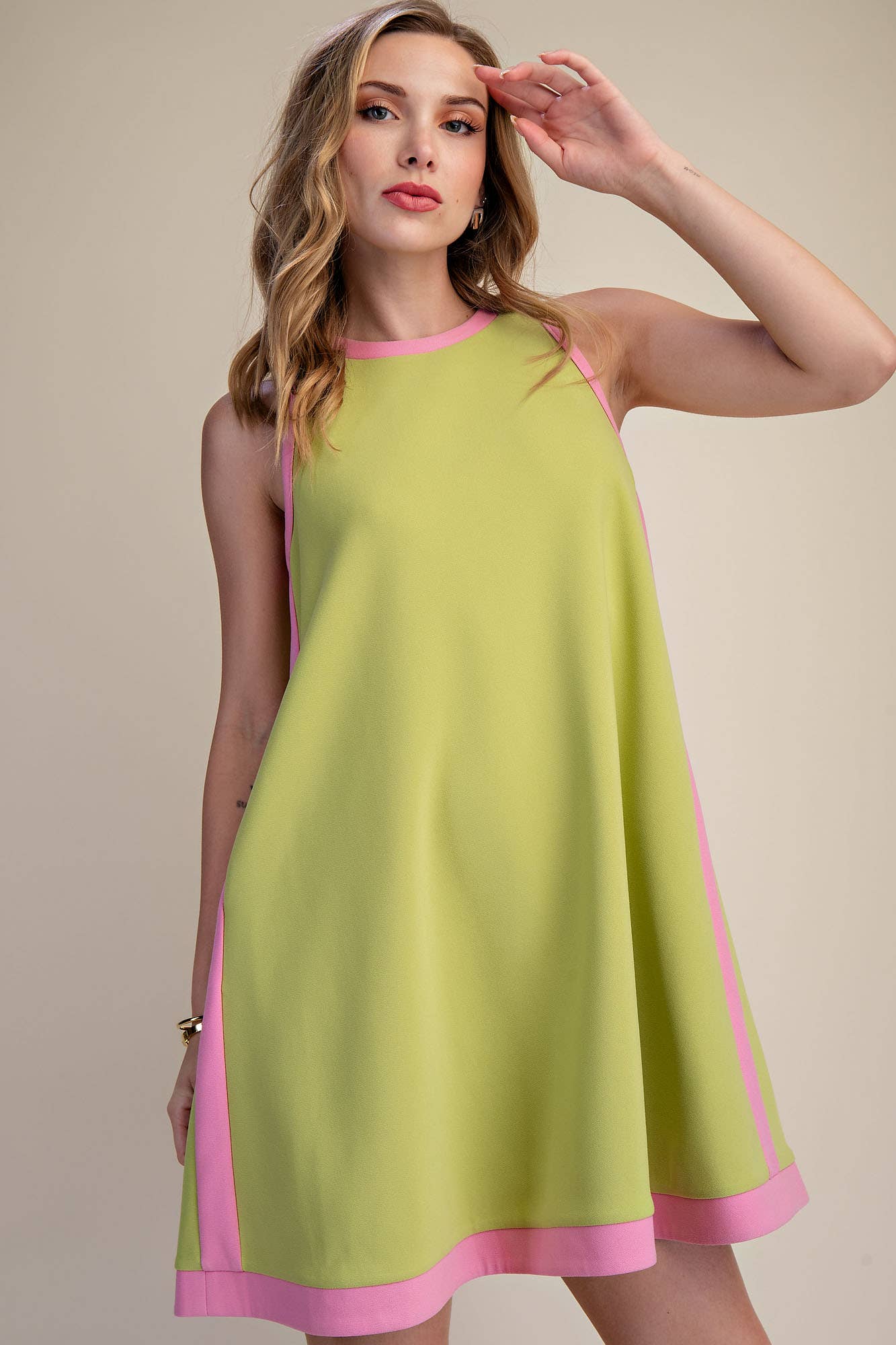A-line Sleeveless Mini Dress With Round Neck Hem Contrast