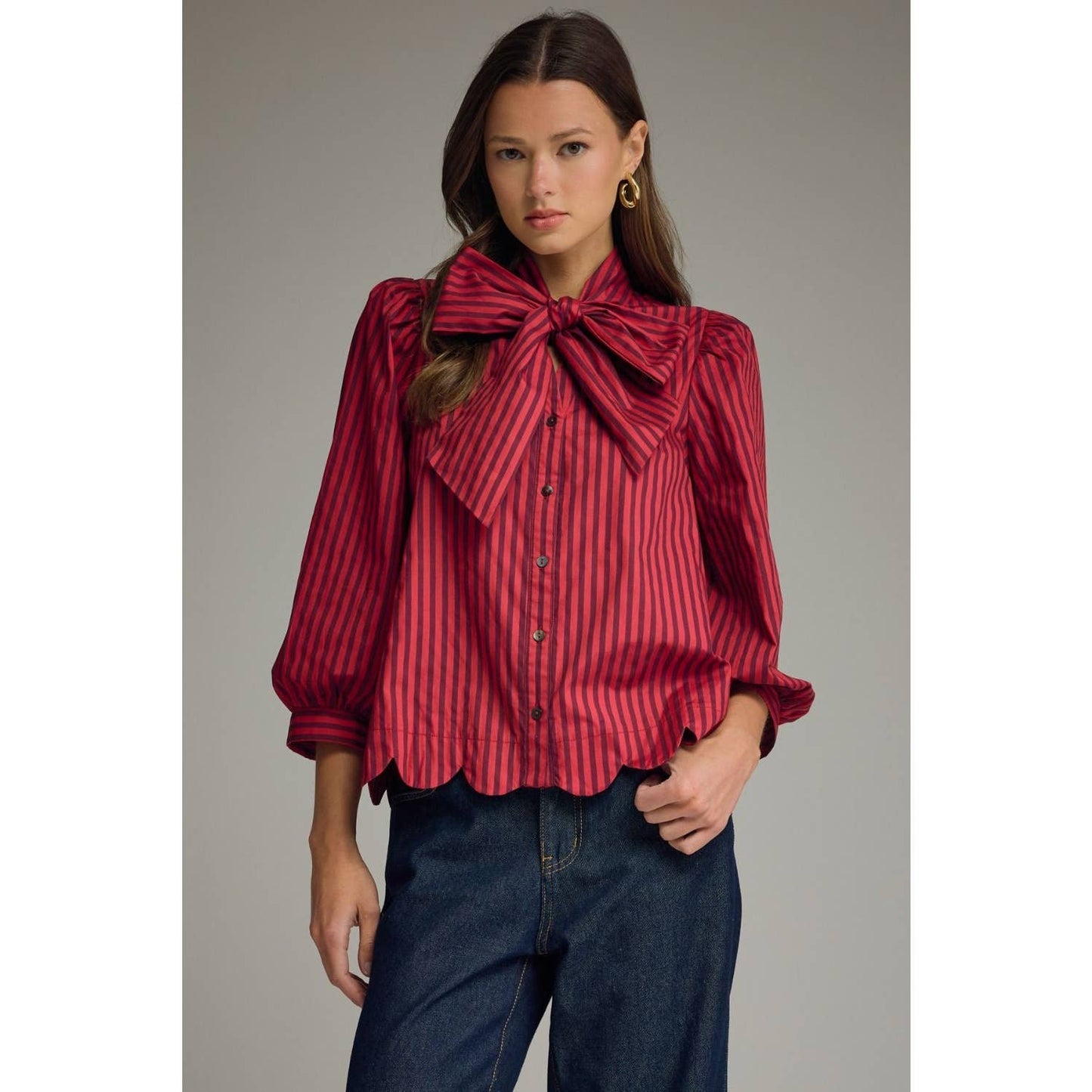 NEW Stripe self-tie neck 3/4 puff sleeve top
