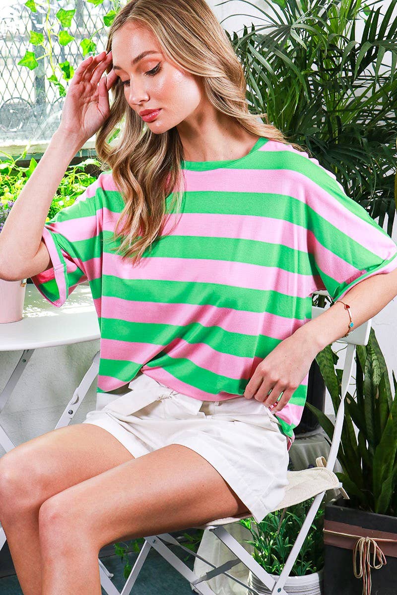 Crew Neck Roll-Up Short-Sleeve Striped Knit Top VT81566A