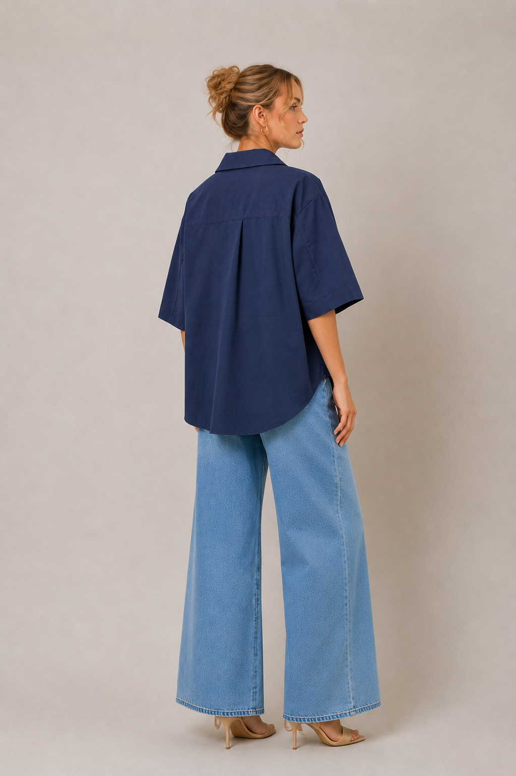 Kaia Modern Oversized Button Down Top Navy & Orange (#WT61176)