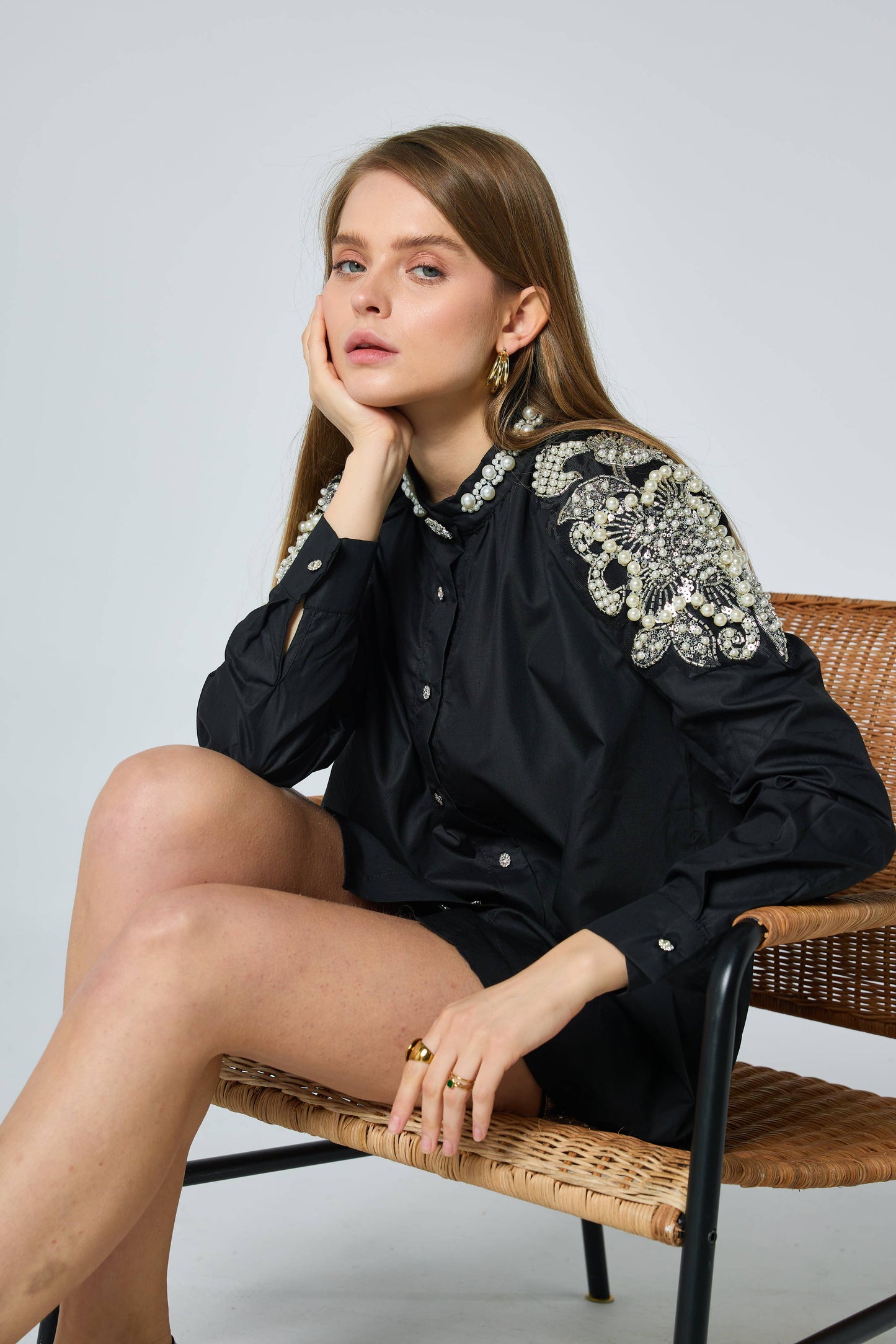 Shirt with beaded embroidery on the shoulders