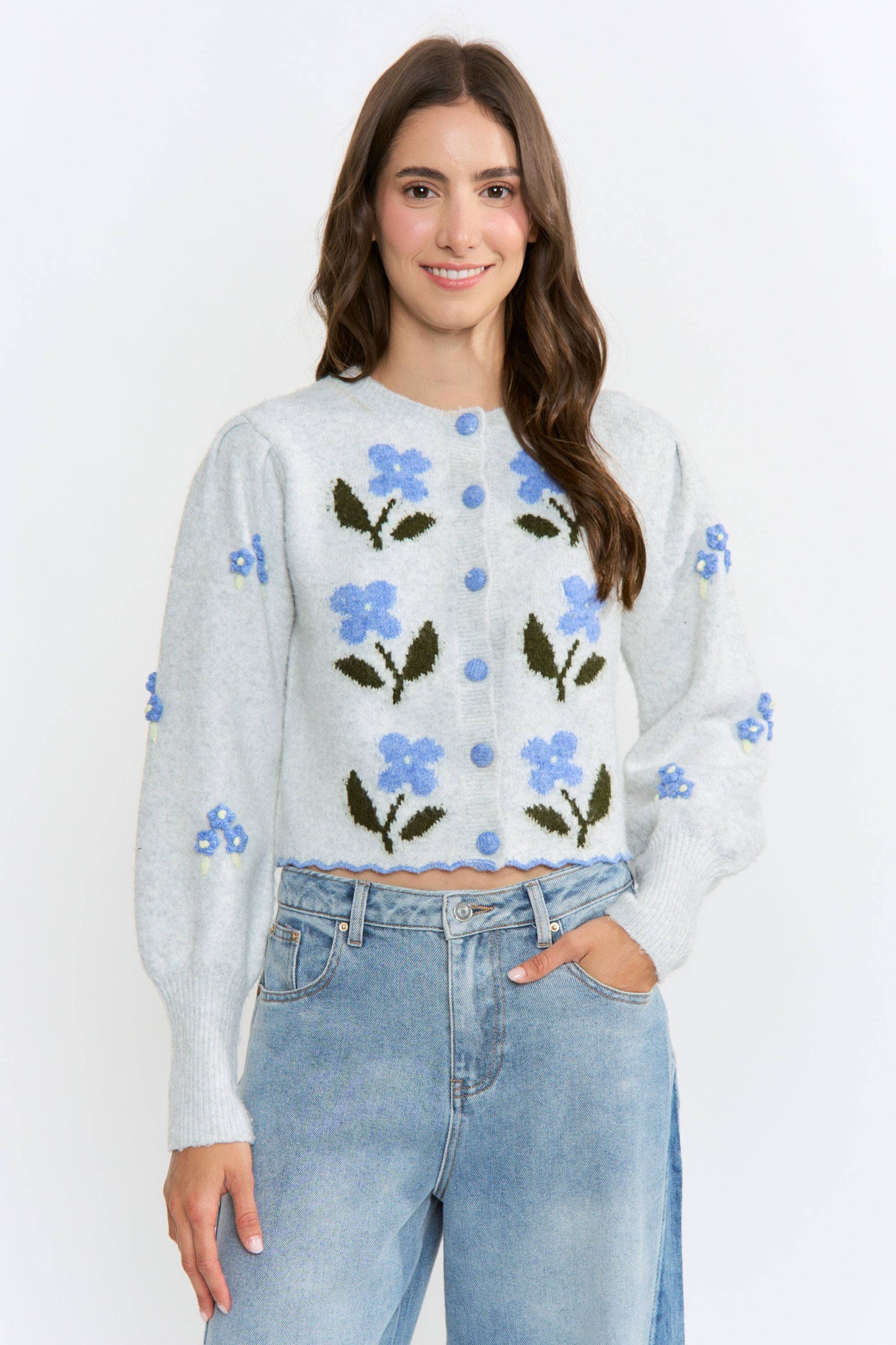 CW10352J Wool-Blend Floral Embroidery Cardigan
