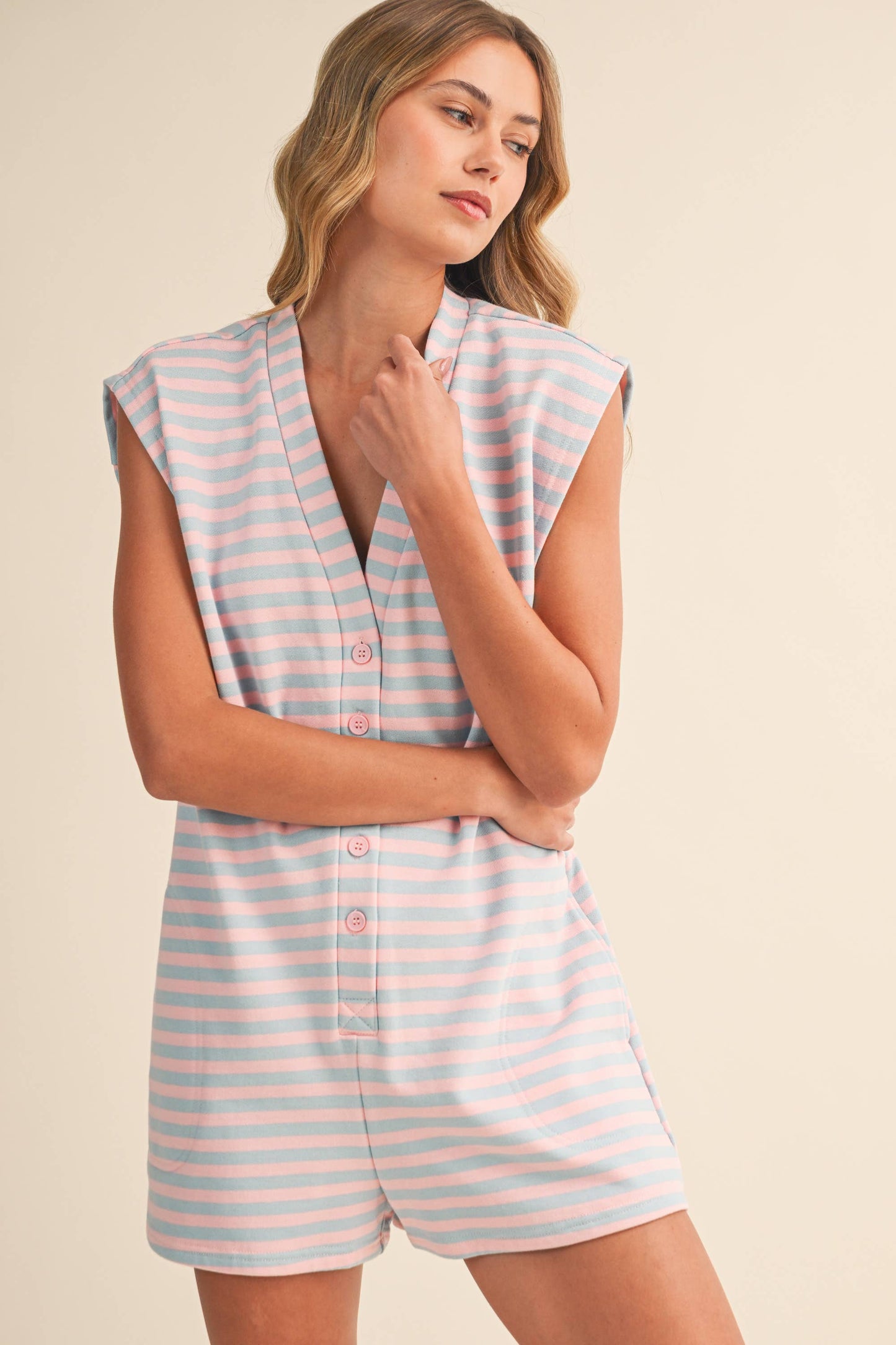 IR2384  SHORT SLEEVE STRIPED BUTTON DOWN ROMPER