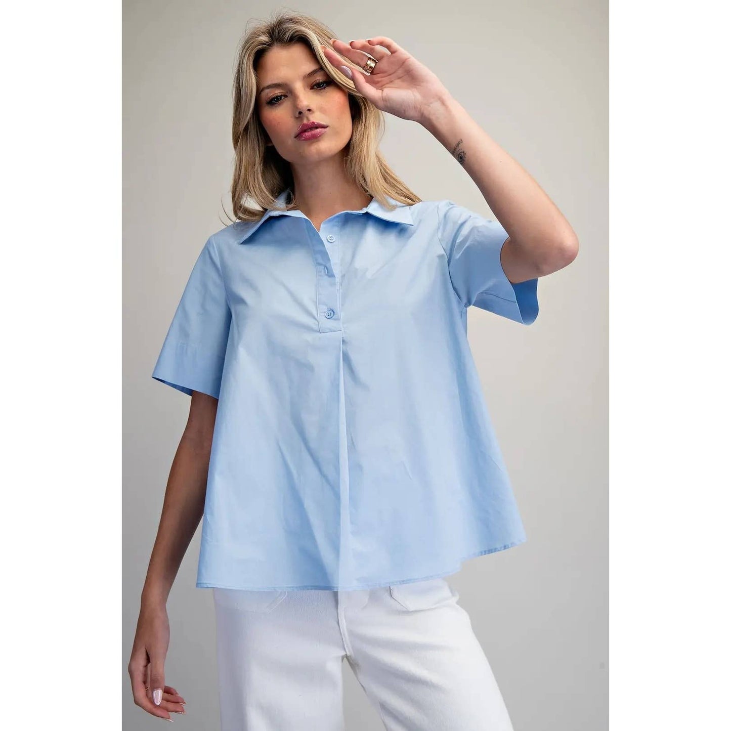 NEW Solid Collared Short Sleeve Blouse