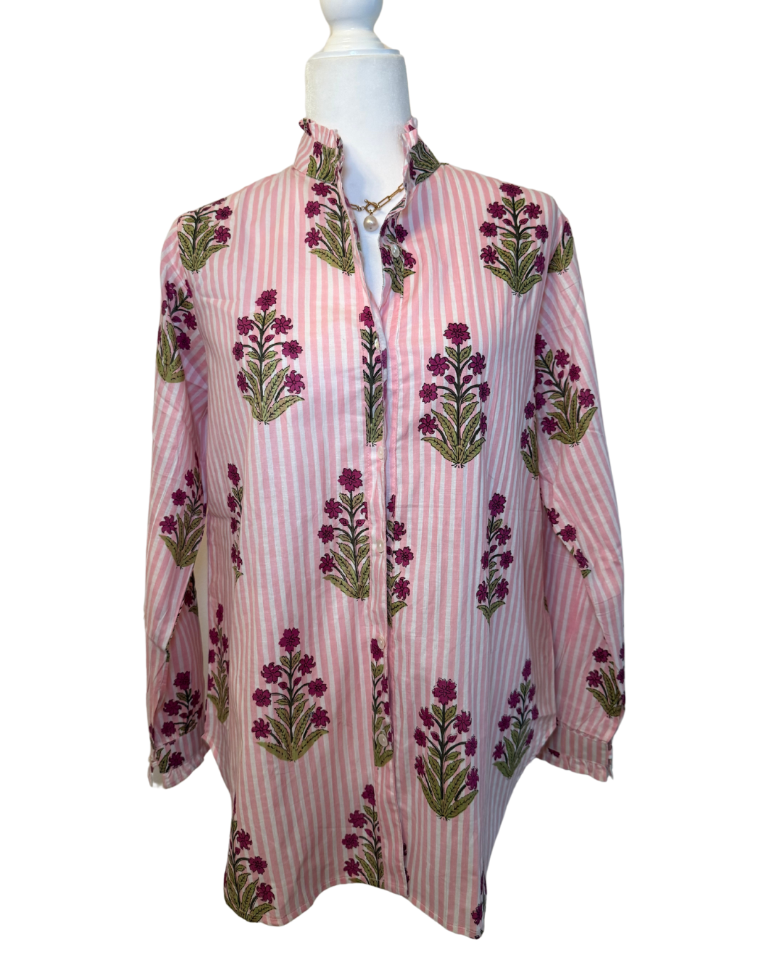 Women's Floral Striped Block Print Ruffled Blouse