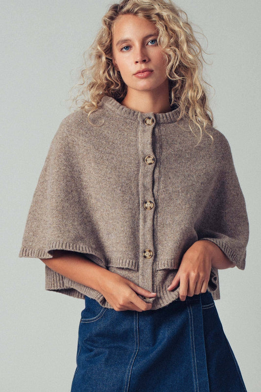 Chic Button-Front Wool Sweater Cape Layer