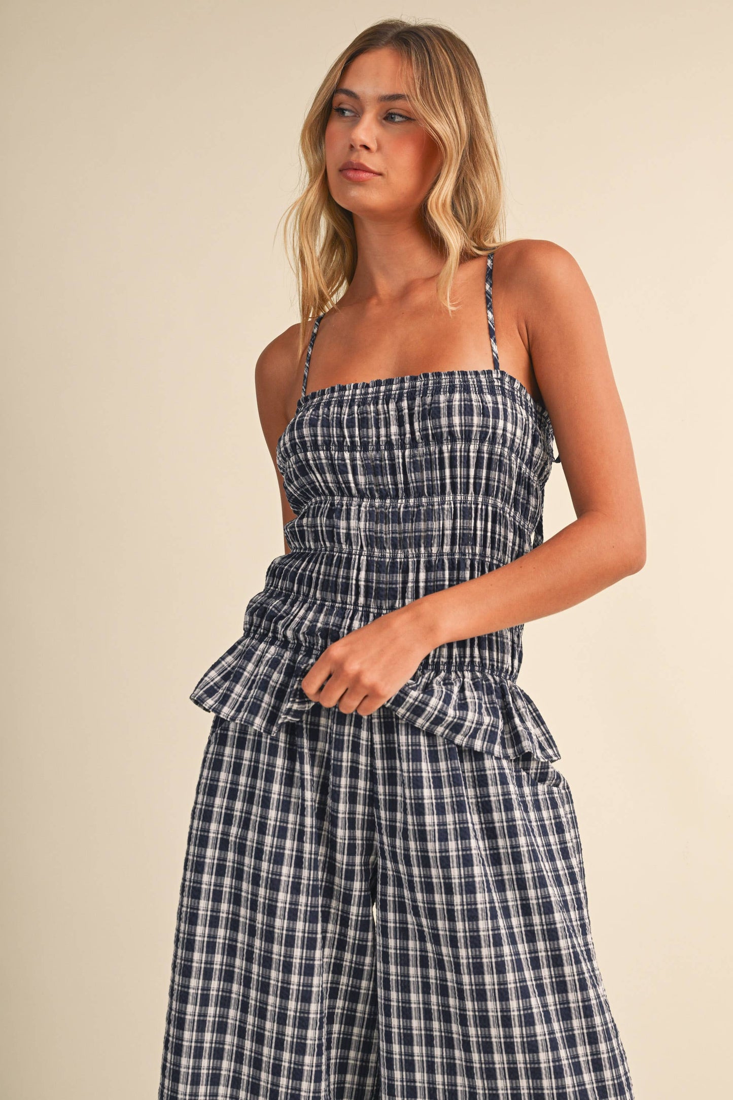 IJP3426-A  RUFFLED HEM SMOCKED TOP PLAID WIDE LEG JUMPSUIT