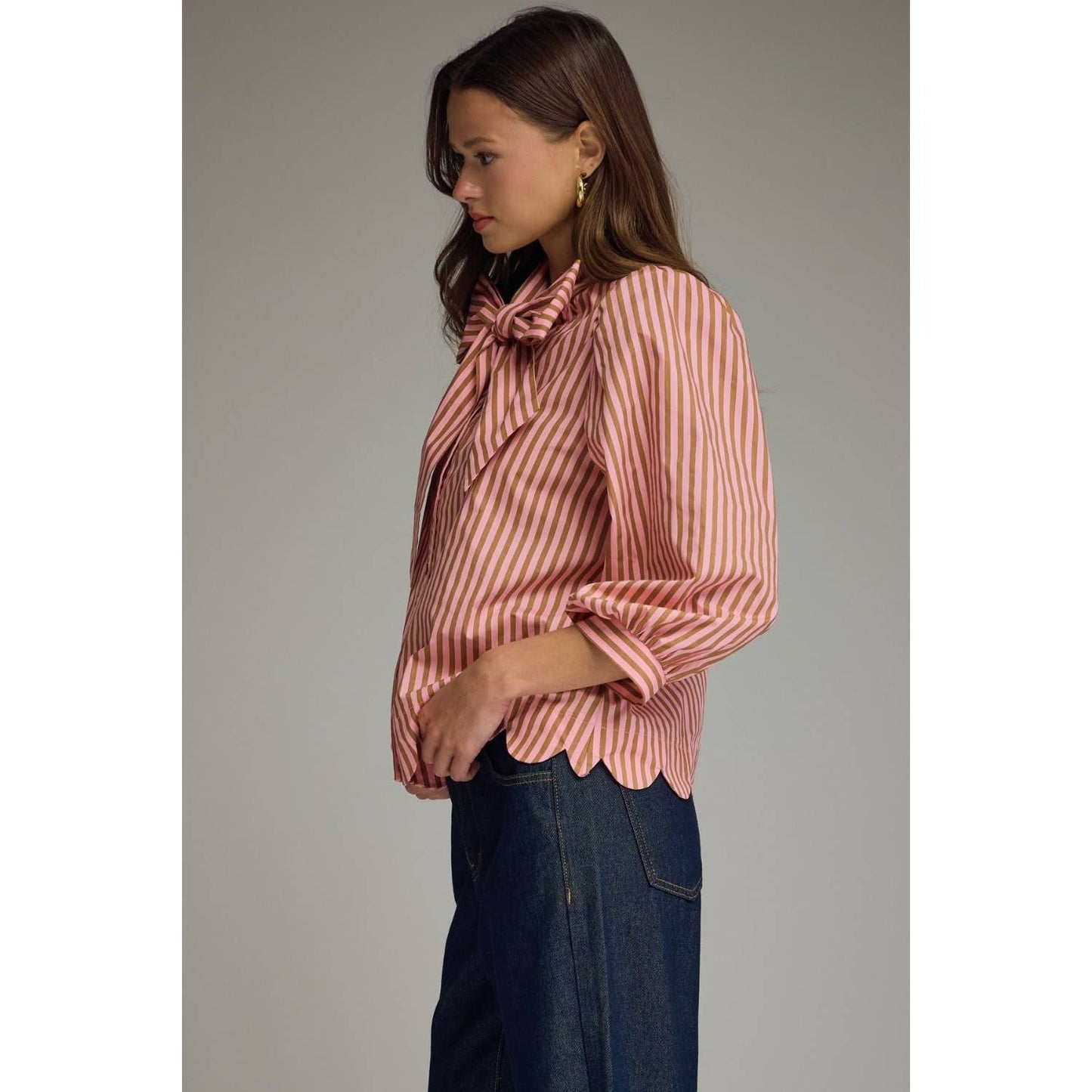 NEW Stripe self-tie neck 3/4 puff sleeve top