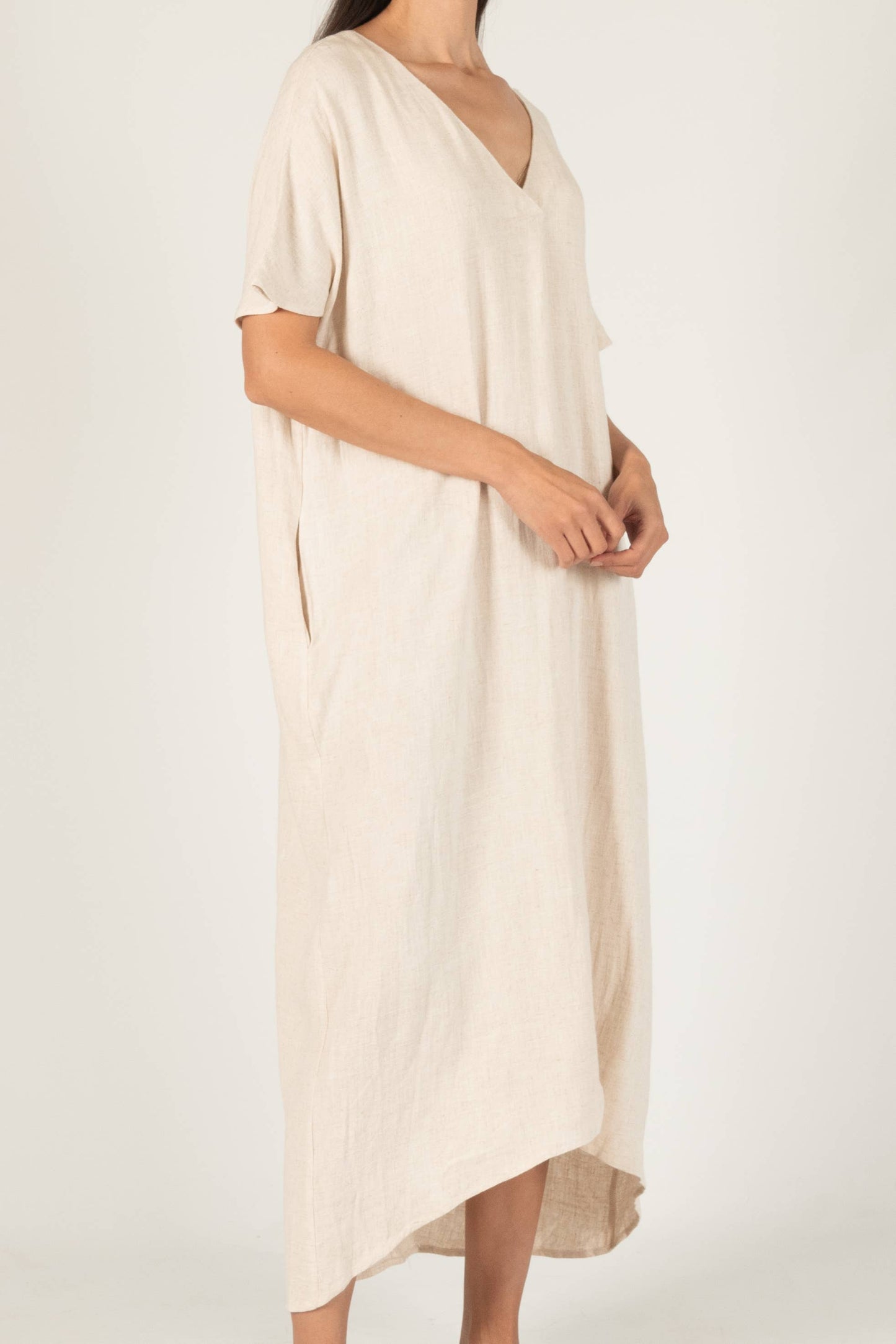 P. CILL Linen Cotton Blend V-Neck Midi Dress