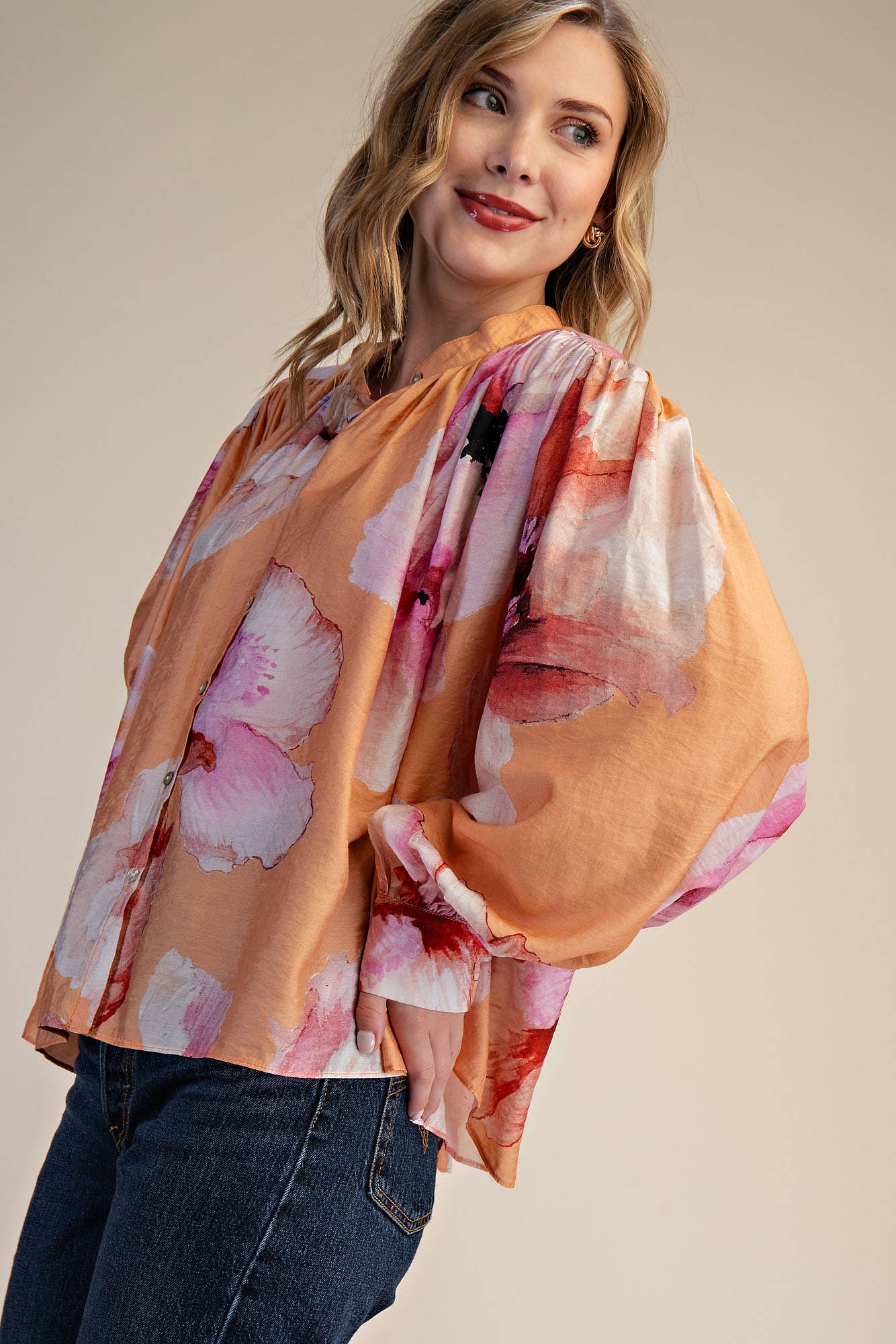 Neck Band Long Sleeve Voluminous Blouse