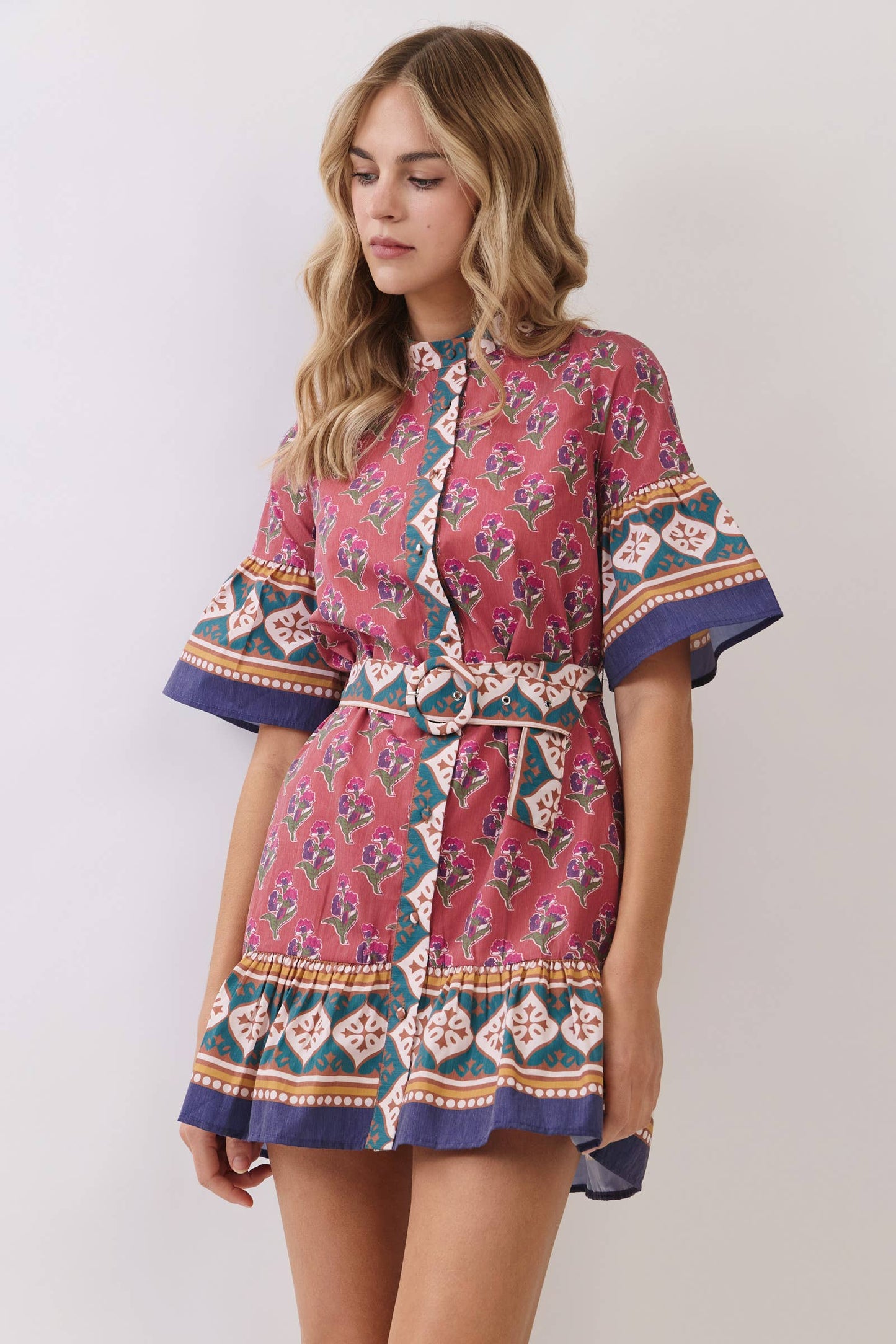 CD06716-Printed Belted Mini Dress with Contrast Border