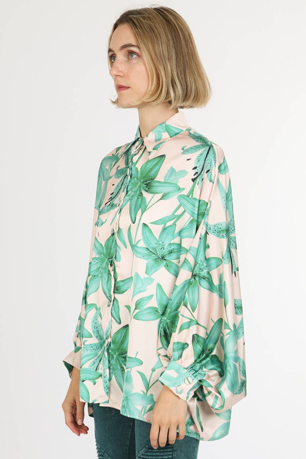 Contrast Botanic Printed Satin Blouse QC2177