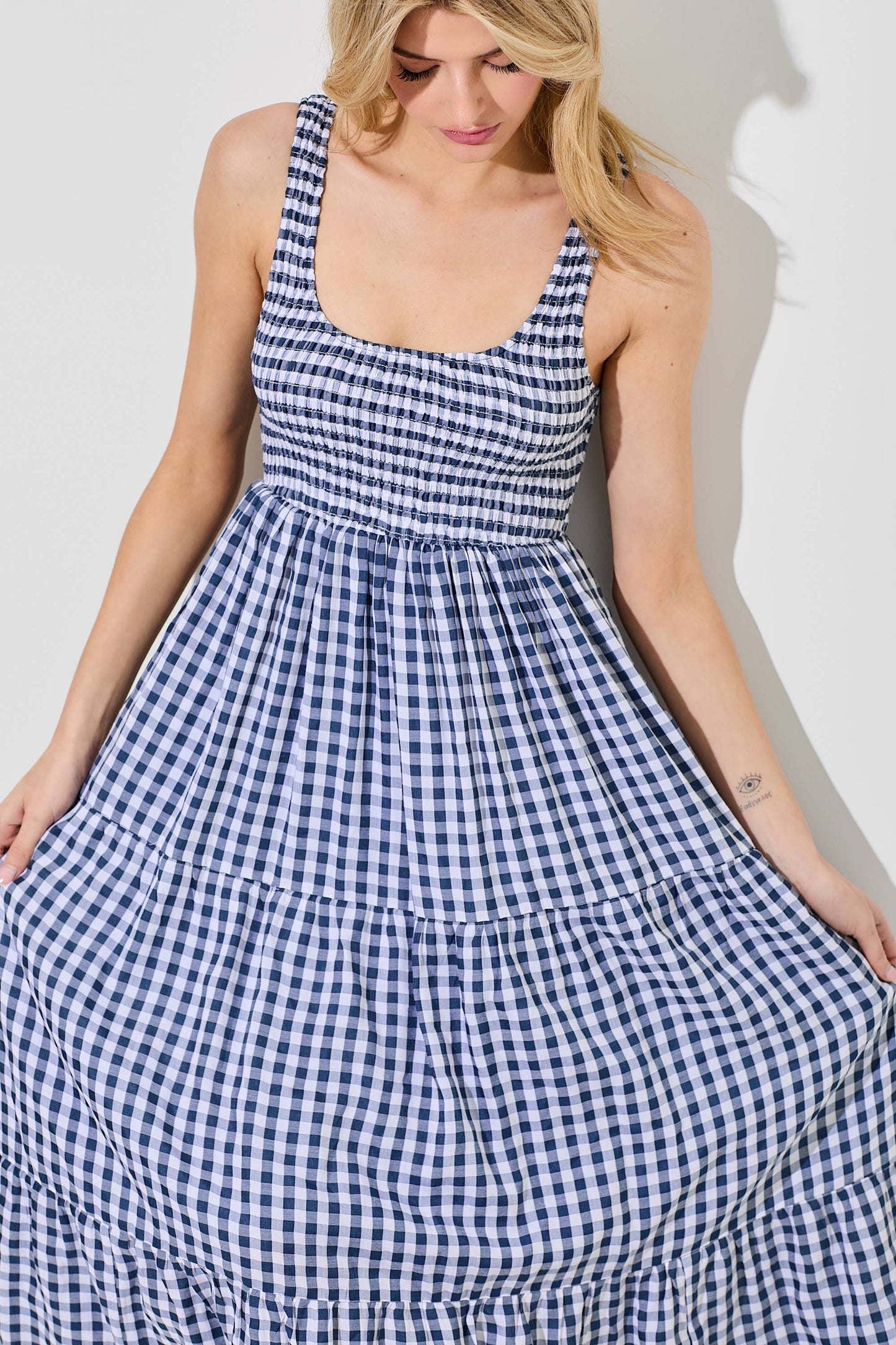 SMOCKED BODICE GINGHAM MAXI DRESS