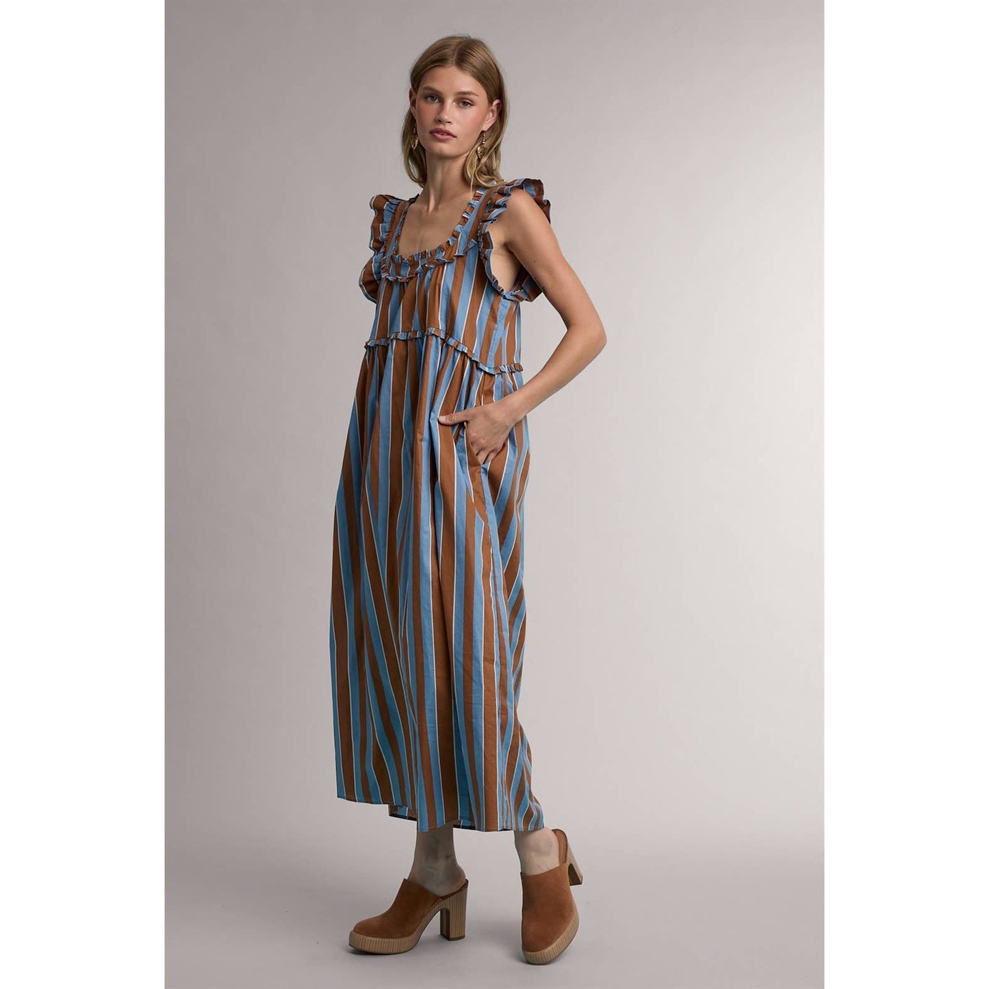 STRIPED RUFFLE DETAIL MIDI DRESS / WL25-12463