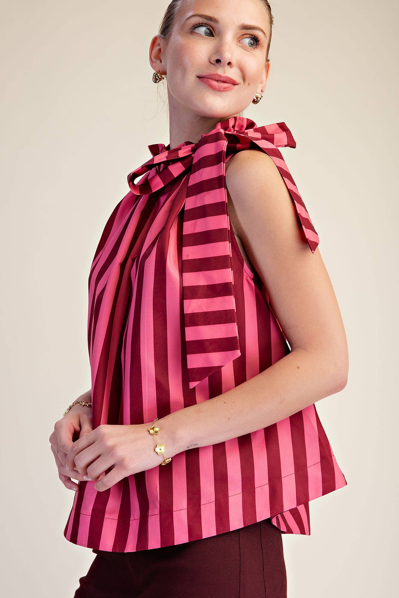 Ruffle Neck Tie Sleeveless Stripe Top