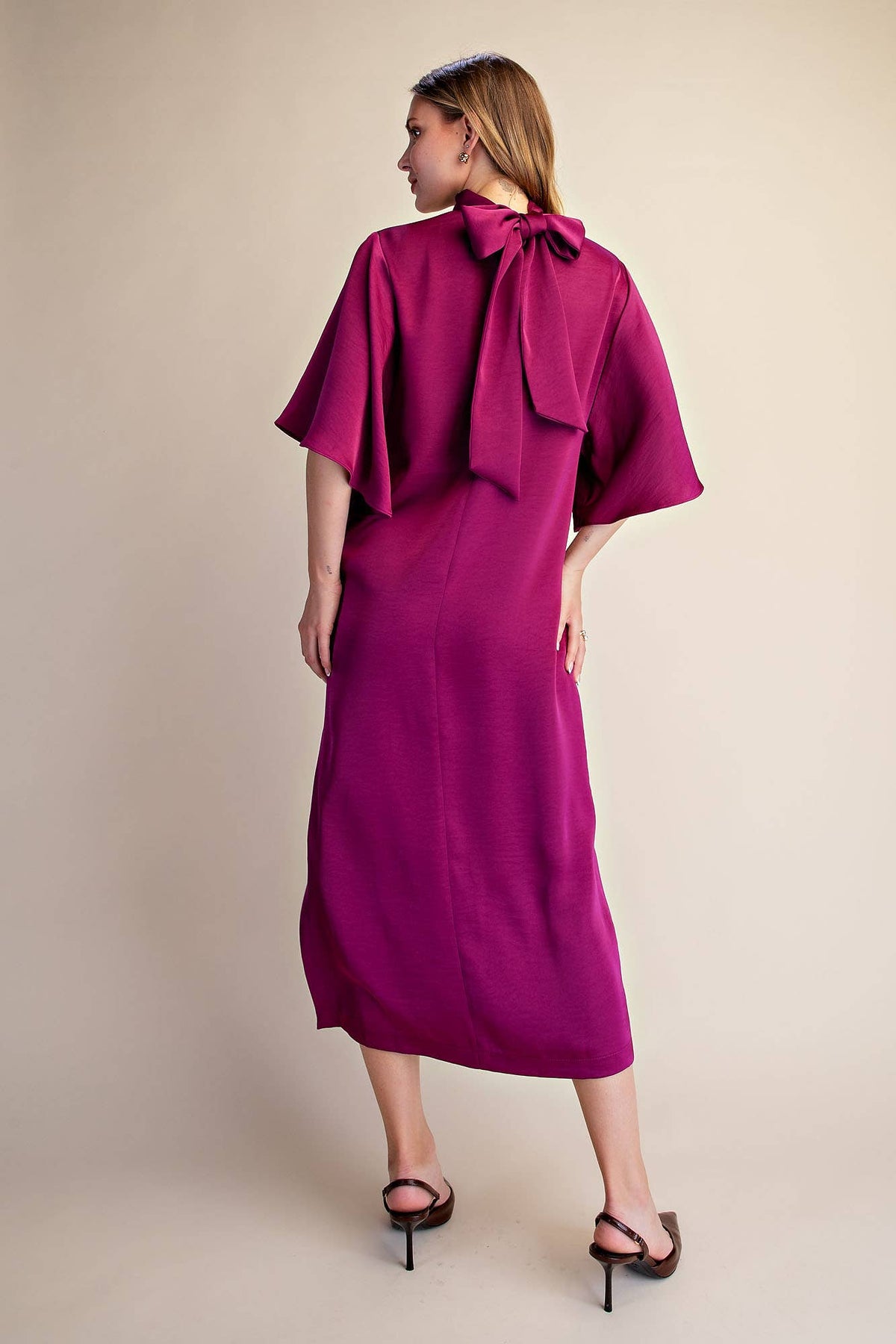 Flowy Satin Tie Back Midi Dress