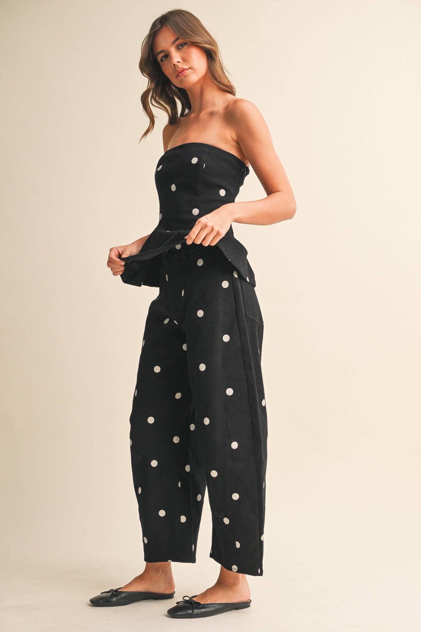IST6128-B POLKADOT STRAPLESS PEPLUM TOP AND BARREL PANTS SET