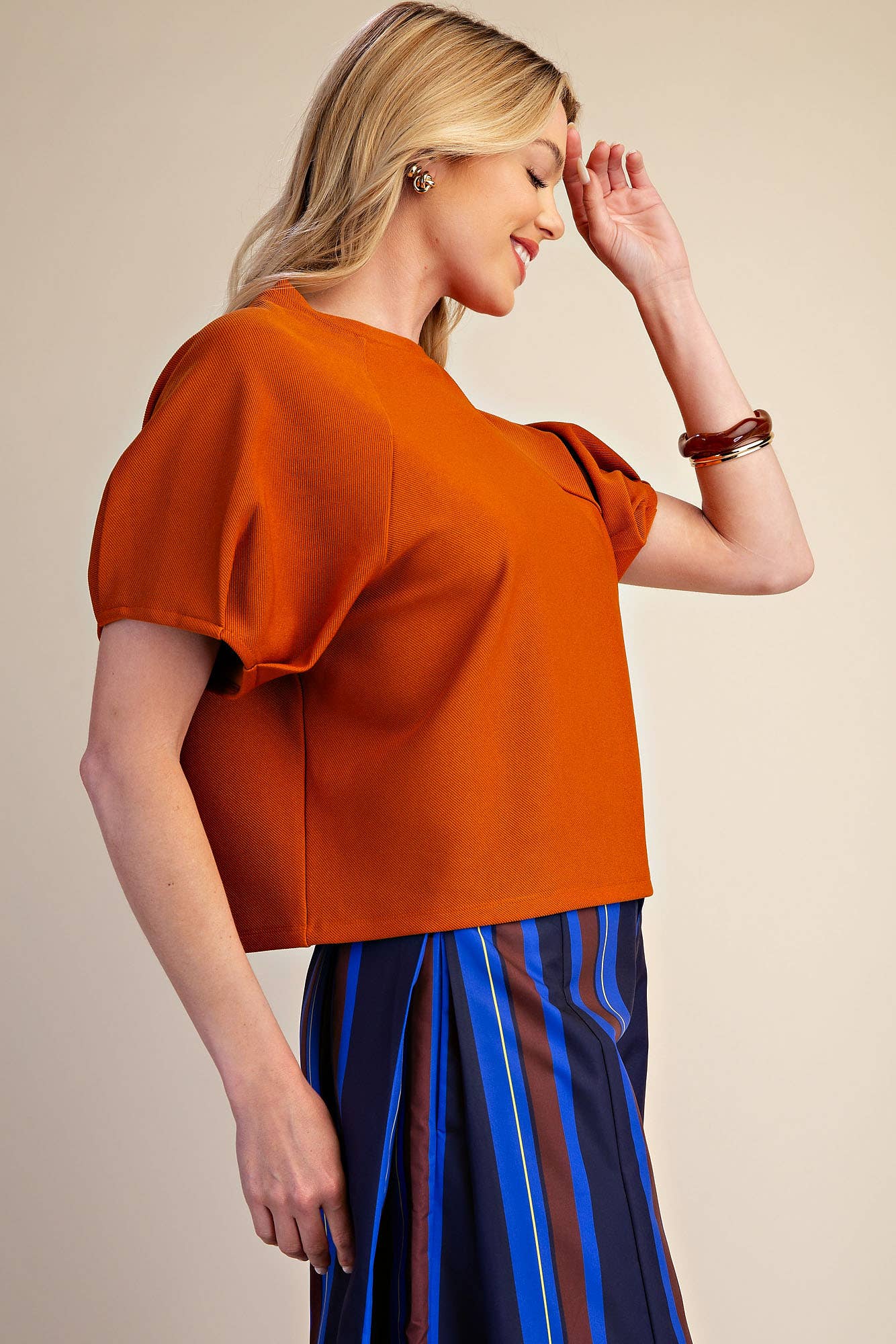 Round Neck Puff Short Sleeve Pullover Top