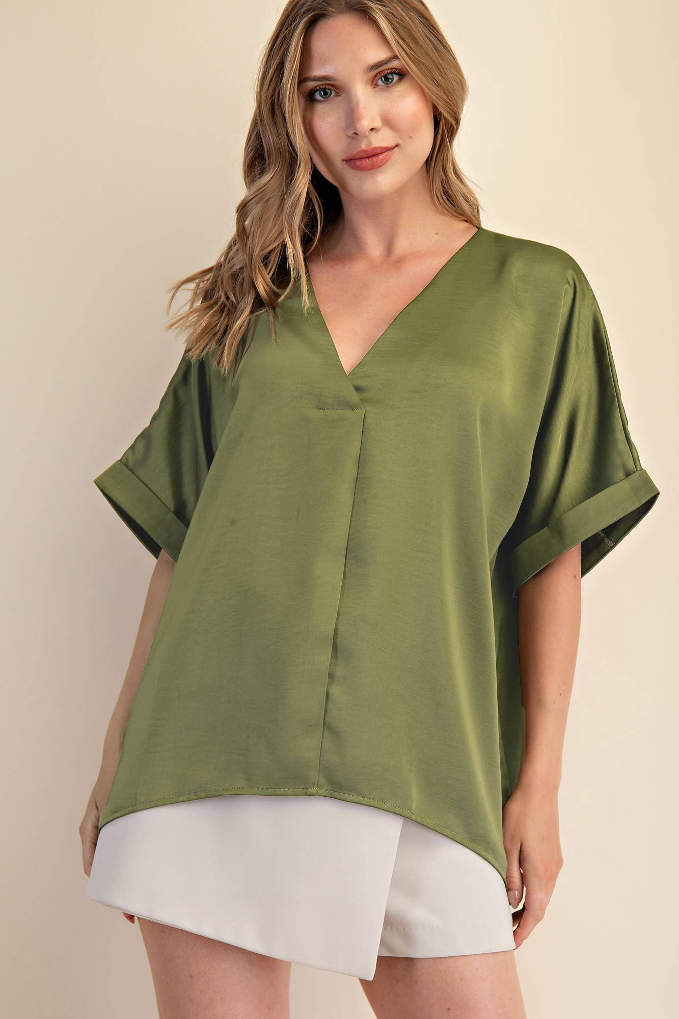 Pull Over Satin Blouse V-neck High Low