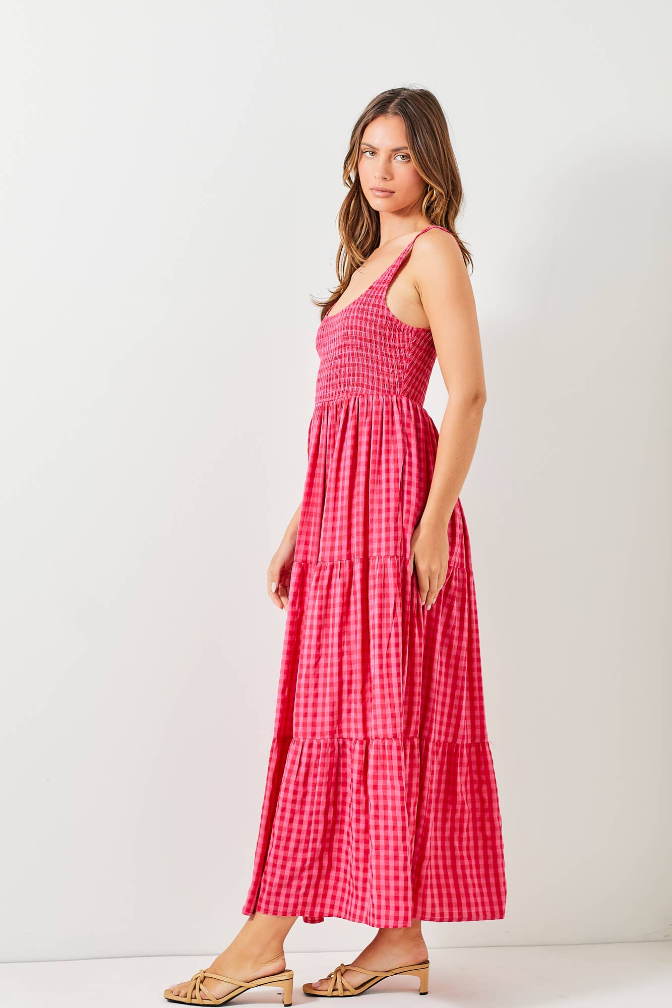 SMOCKED BODICE GINGHAM MAXI DRESS