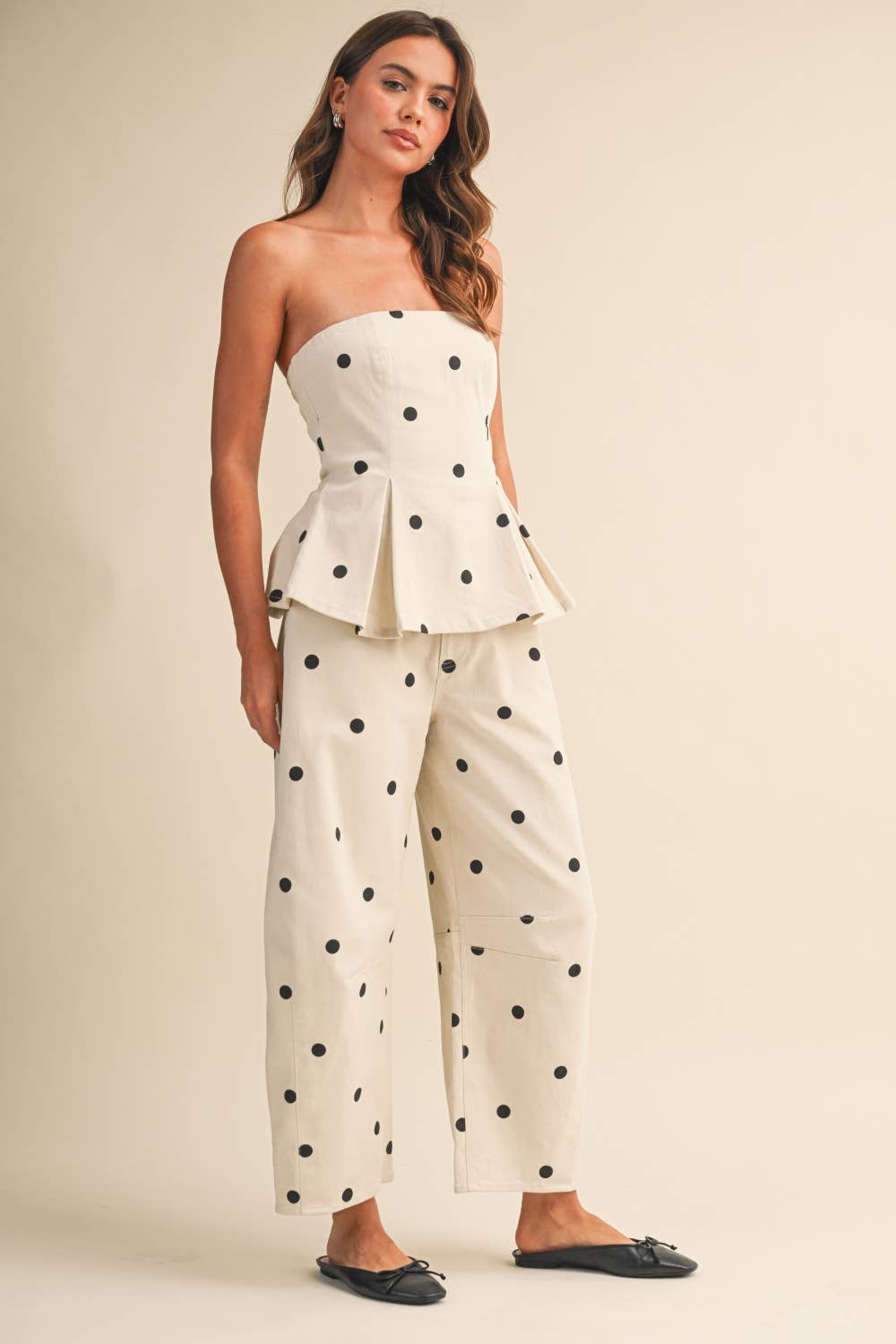 IST6128-B POLKADOT STRAPLESS PEPLUM TOP AND BARREL PANTS SET