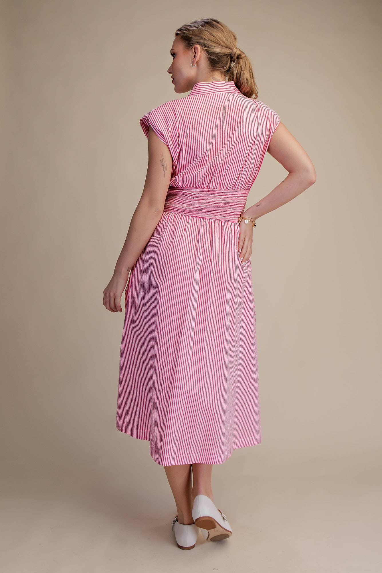 V-Neck Front Zip Waist Smocked Casual Midi Dress