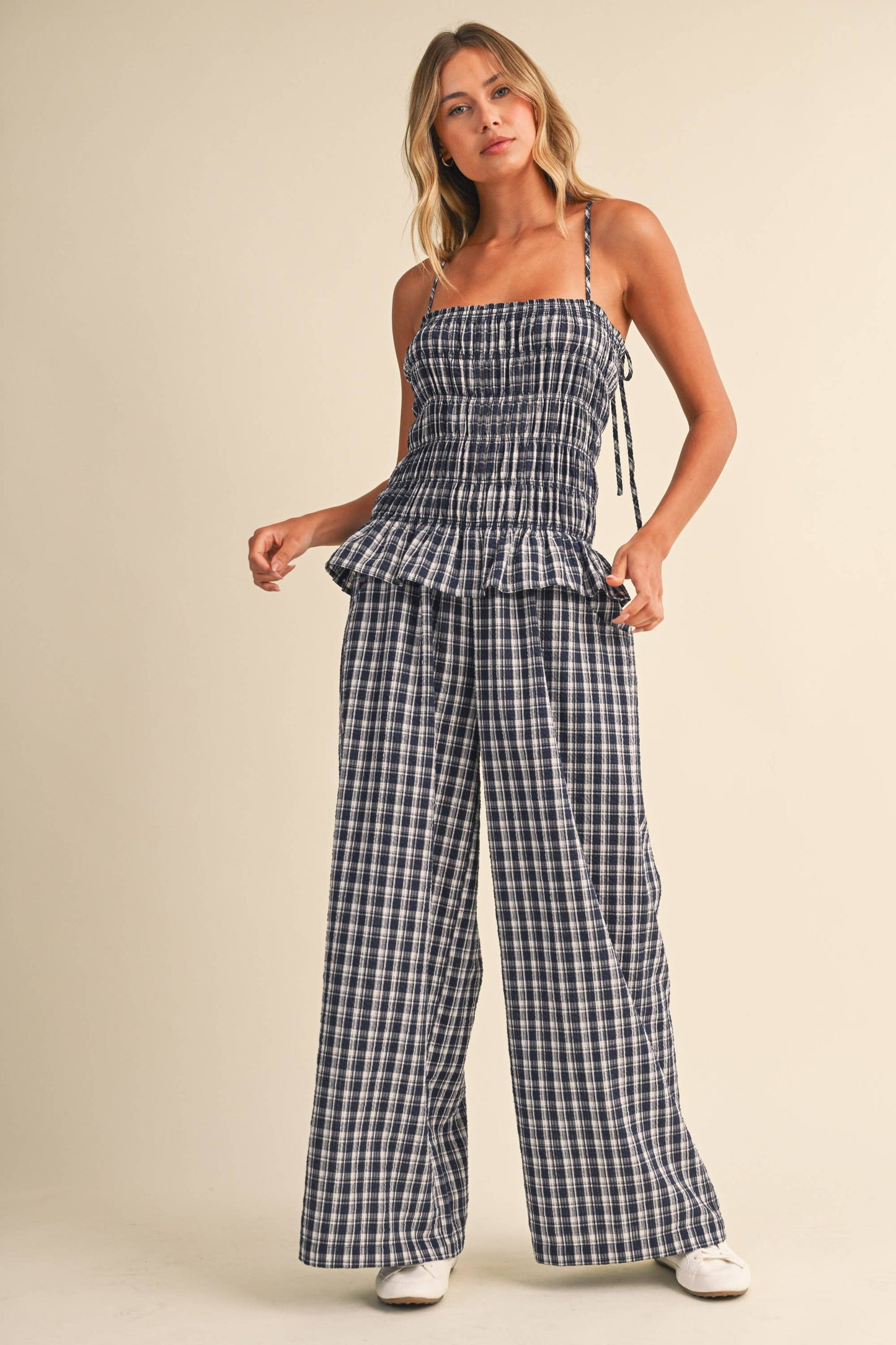 IJP3426-A  RUFFLED HEM SMOCKED TOP PLAID WIDE LEG JUMPSUIT