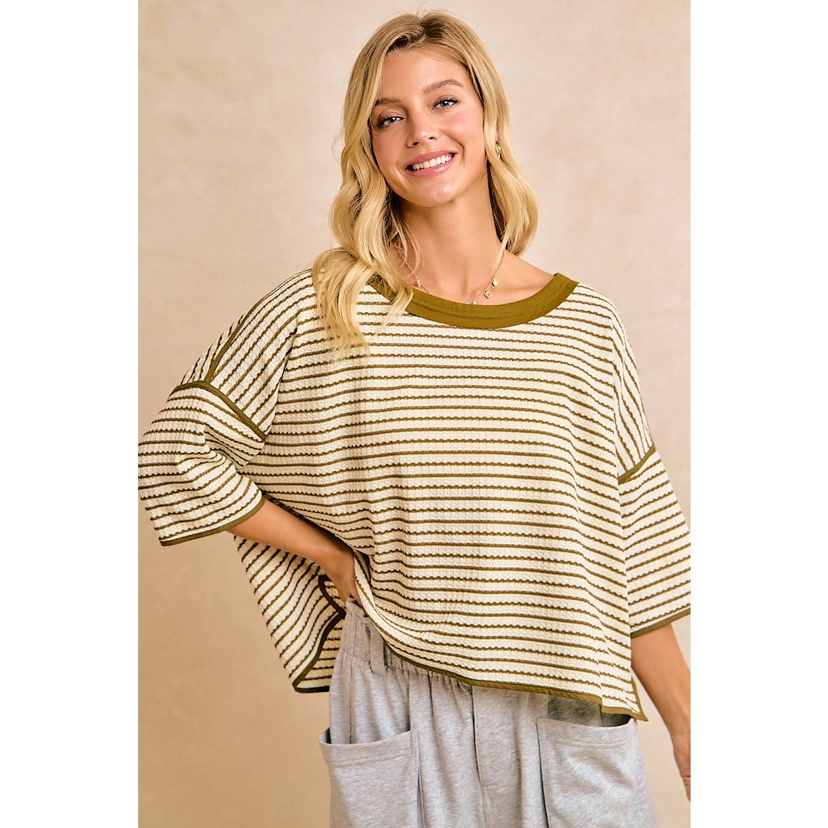 WAFFLE STRIPE WITH BINDING DETAIL RELAXED FIT TOP