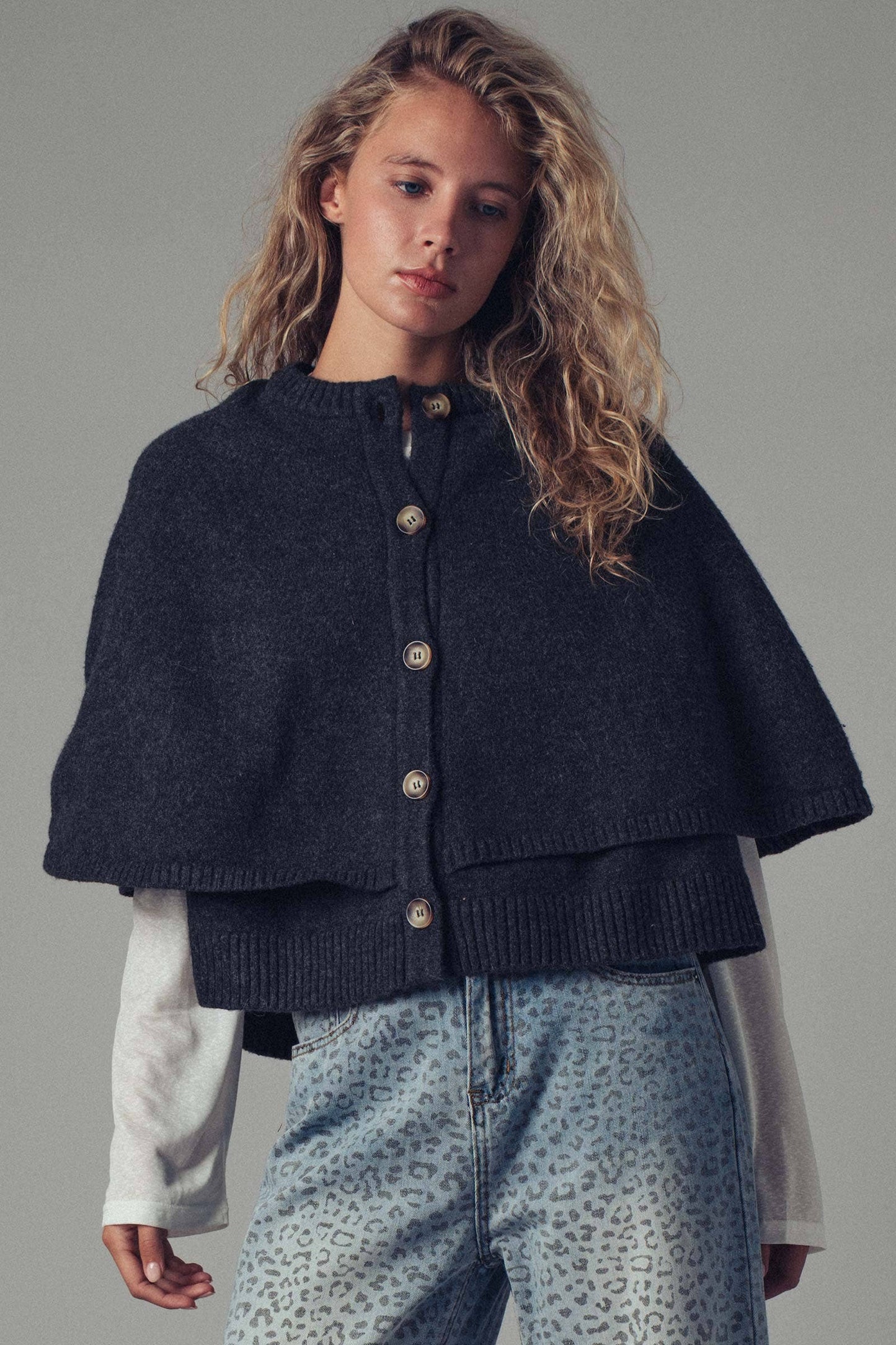 Chic Button-Front Wool Sweater Cape Layer