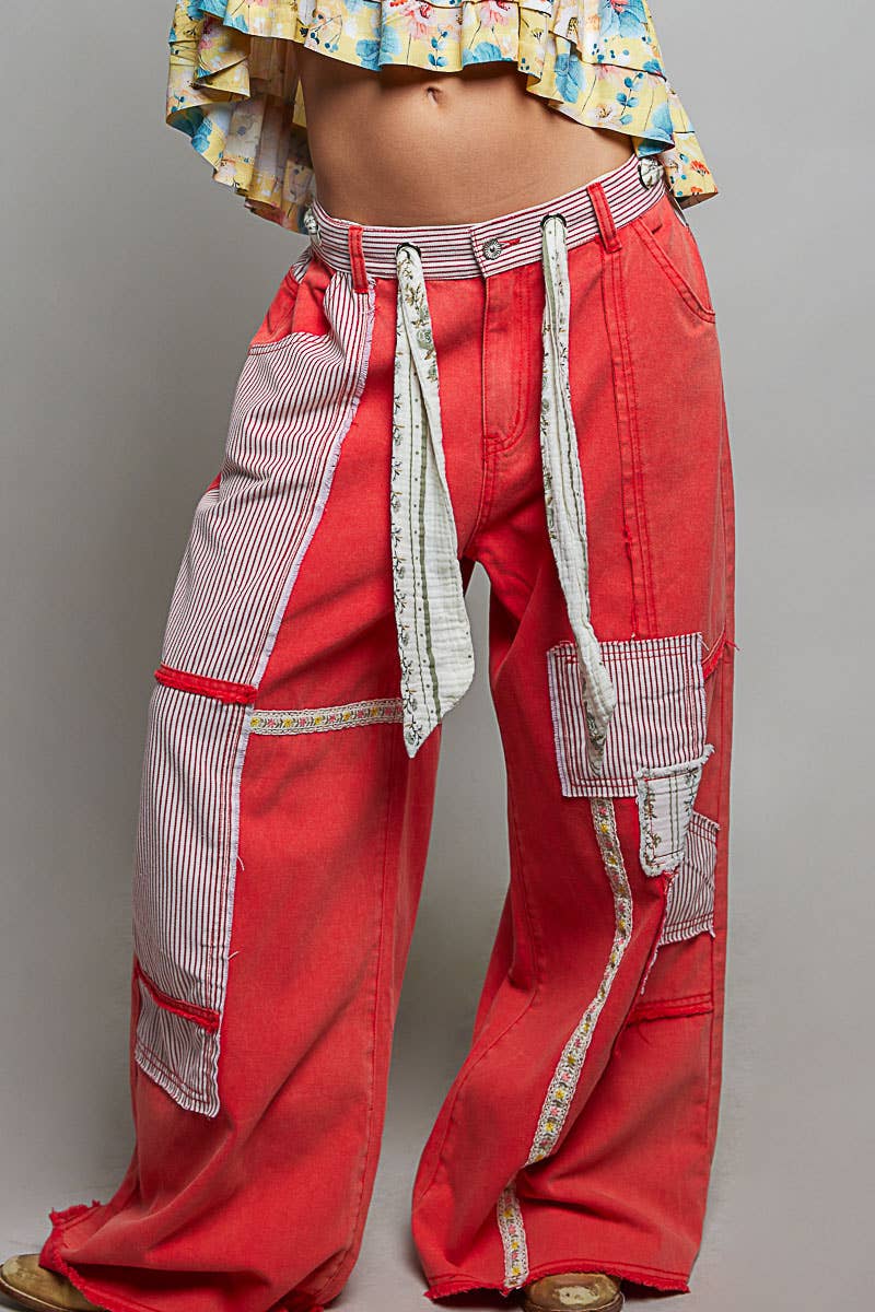 Stripe Patch High Rise Wide Leg Twill Pants