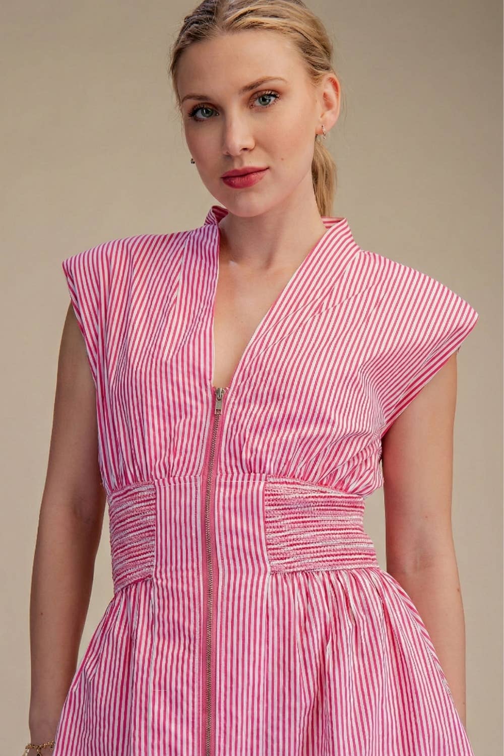 V-Neck Front Zip Waist Smocked Casual Midi Dress