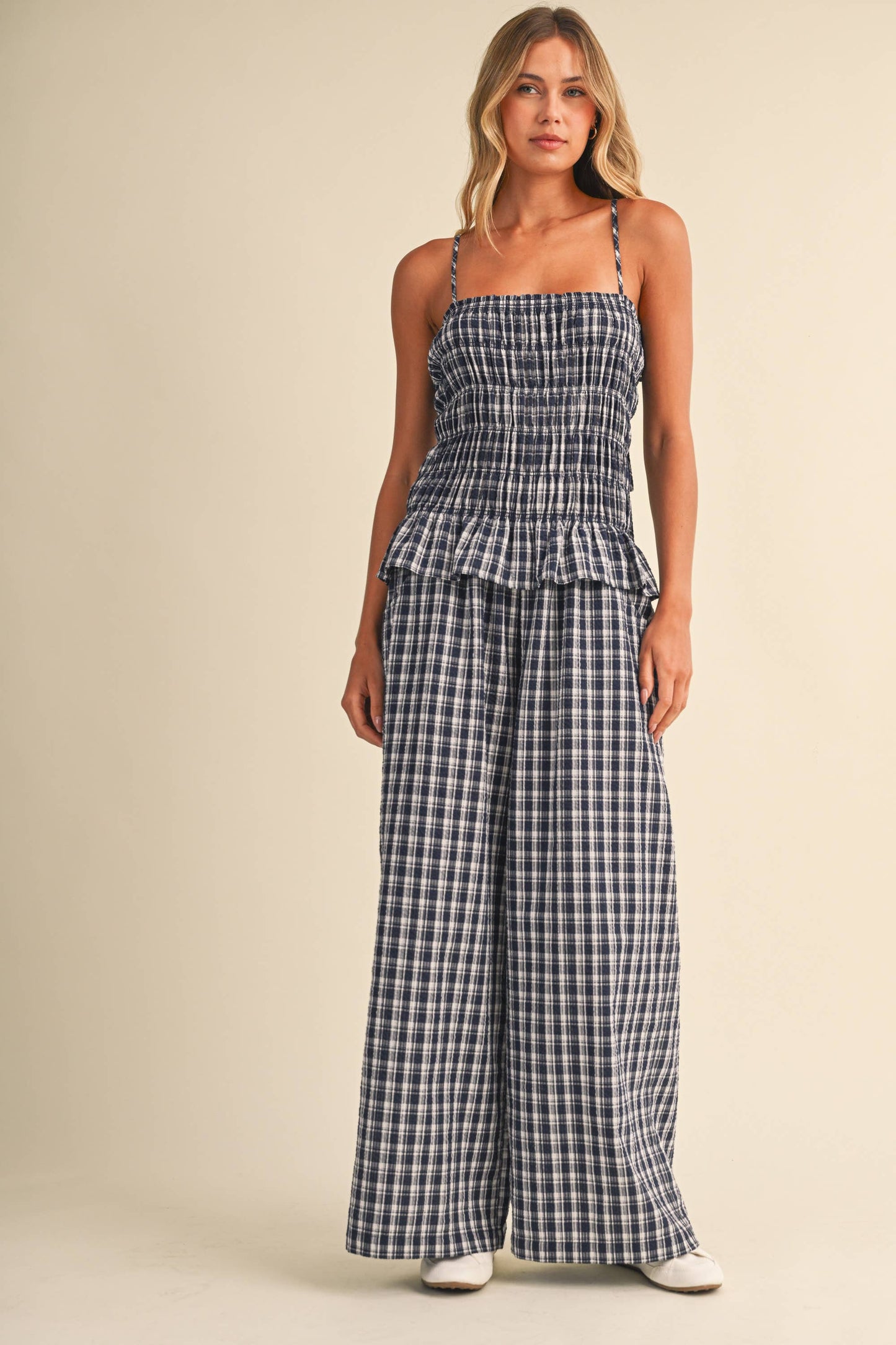 IJP3426-A  RUFFLED HEM SMOCKED TOP PLAID WIDE LEG JUMPSUIT