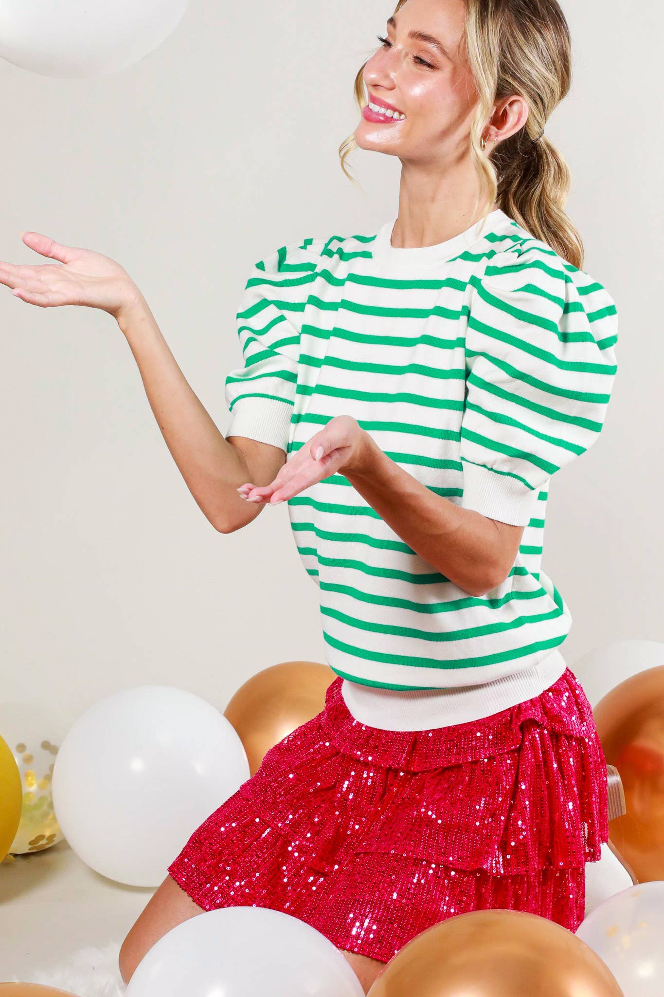 Striped Crew Neck Puff Sleeve Knitted Sweater VT81344A