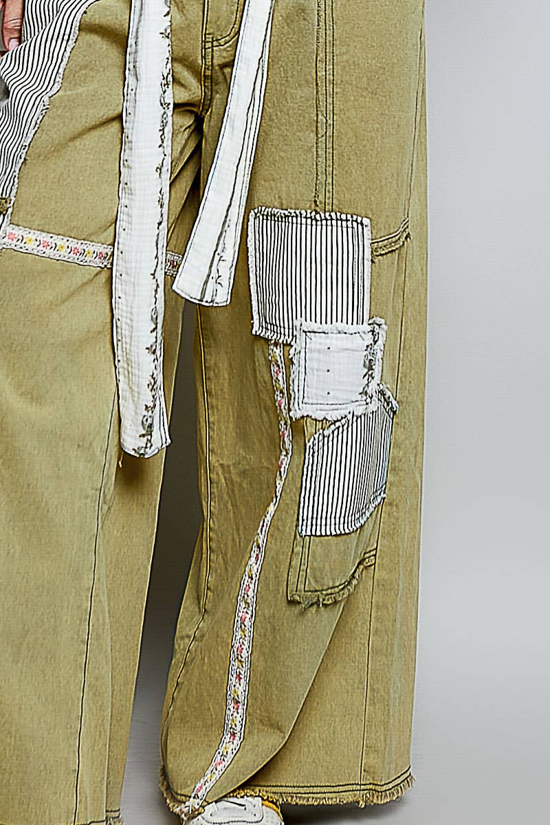 Stripe Patch High Rise Wide Leg Twill Pants