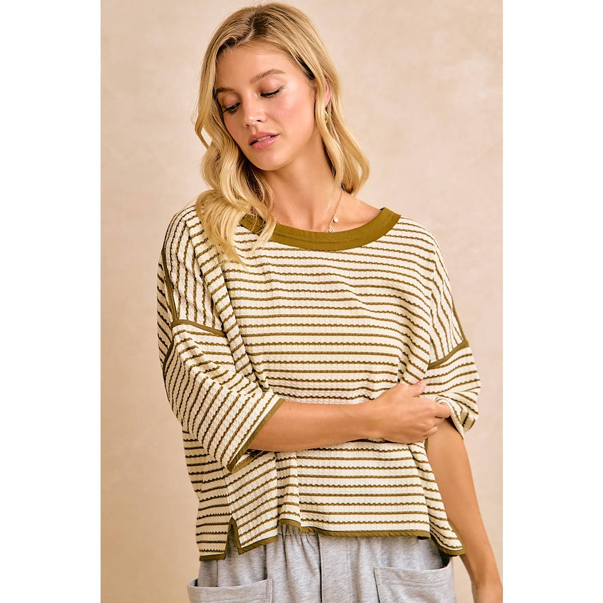 WAFFLE STRIPE WITH BINDING DETAIL RELAXED FIT TOP